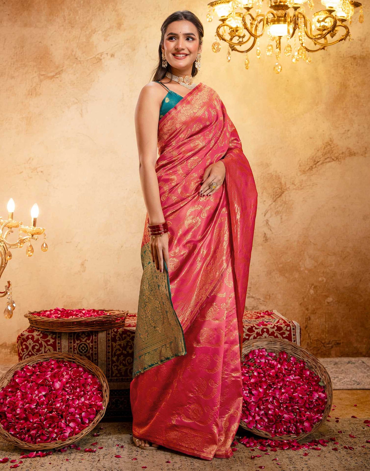 Coral Pink Silk Woven Banarasi Saree