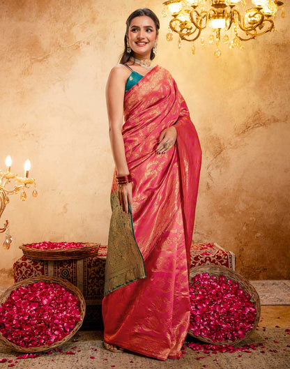 Coral Pink Silk Woven Banarasi Saree