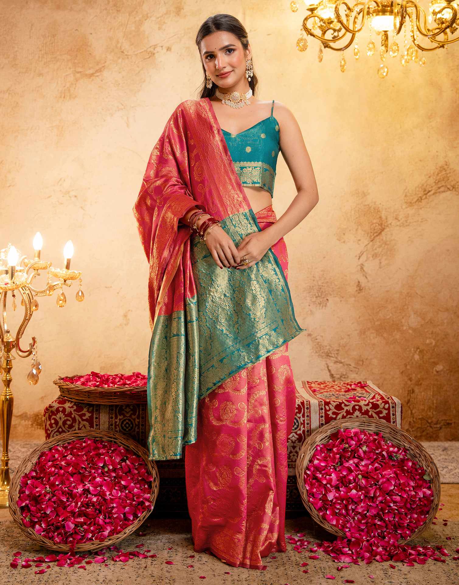 Coral Pink Silk Woven Banarasi Saree