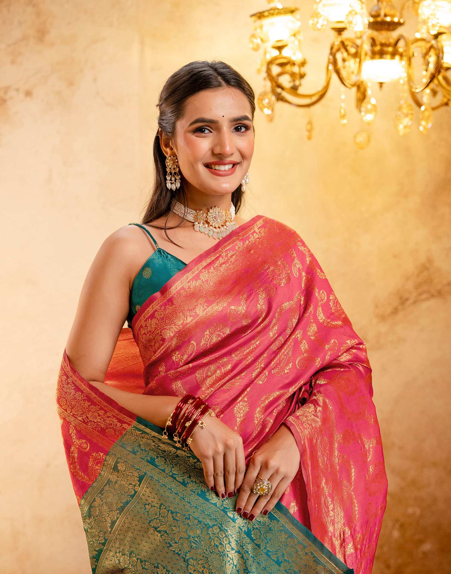 Coral Pink Silk Woven Banarasi Saree