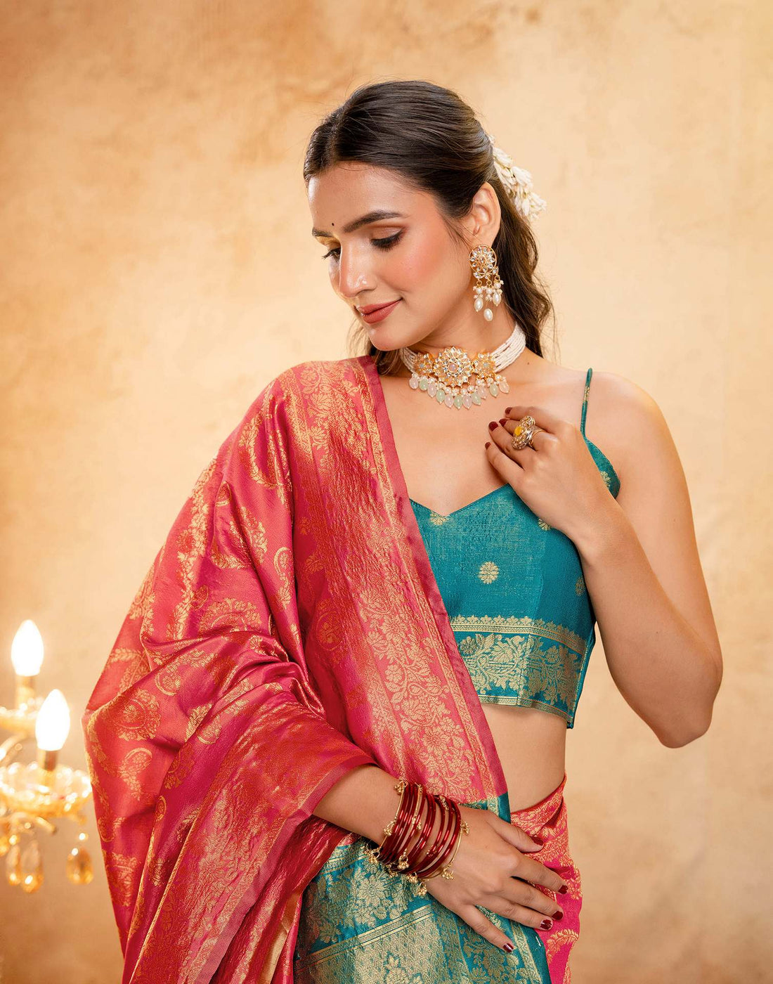 Coral Pink Silk Woven Banarasi Saree