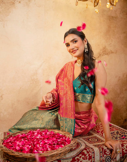 Coral Pink Silk Woven Banarasi Saree