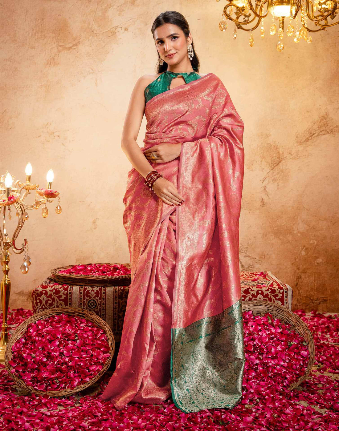 Dark Peach Silk Woven Banarasi Saree