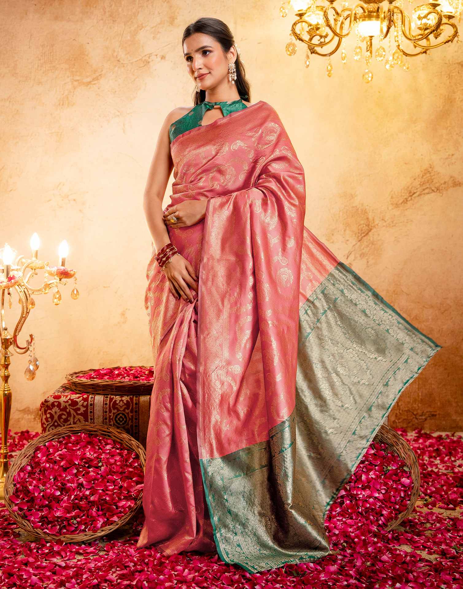 Dark Peach Silk Woven Banarasi Saree