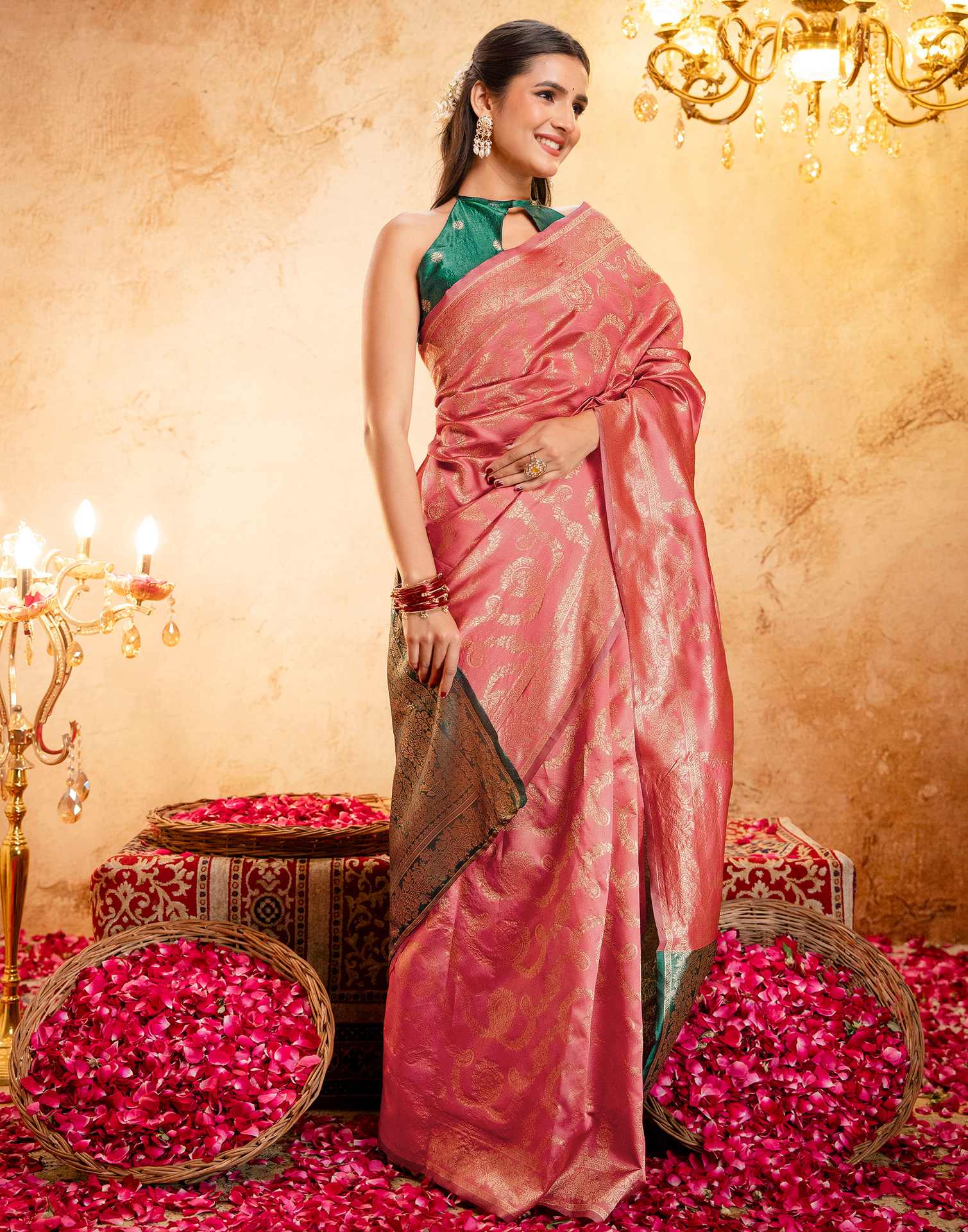 Dark Peach Silk Woven Banarasi Saree