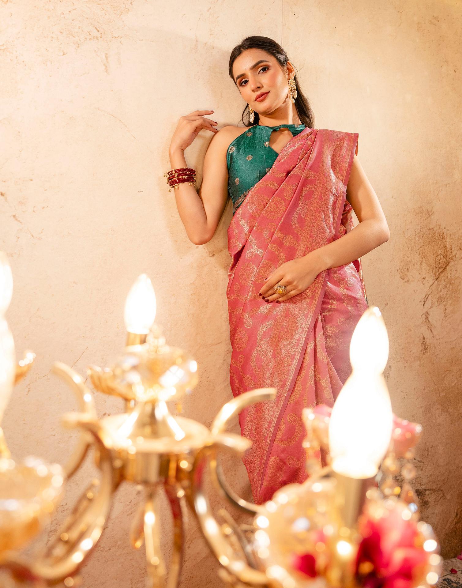 Dark Peach Silk Woven Banarasi Saree