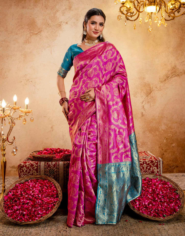 Pink Silk Woven Banarasi Saree