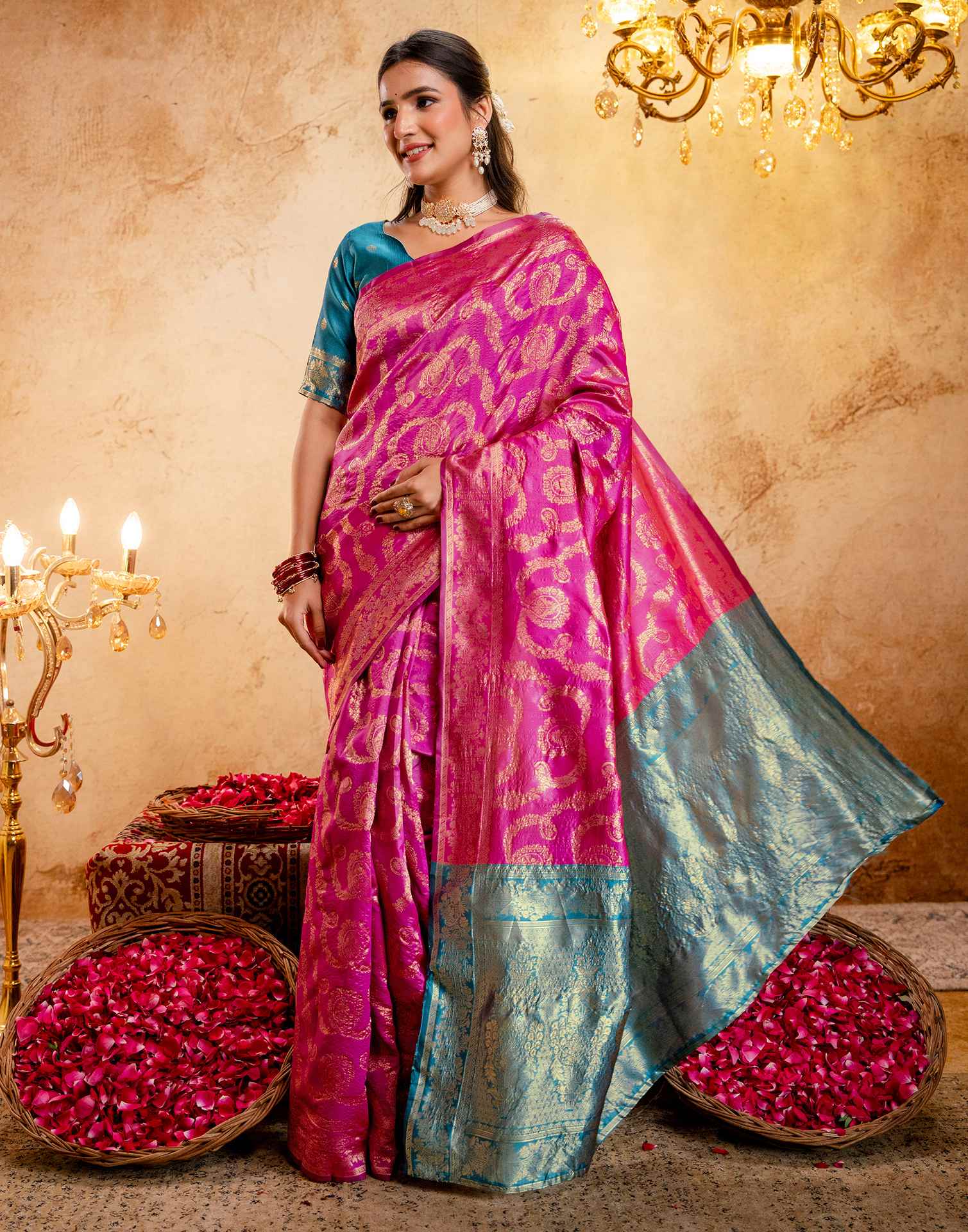 Pink Silk Woven Banarasi Saree