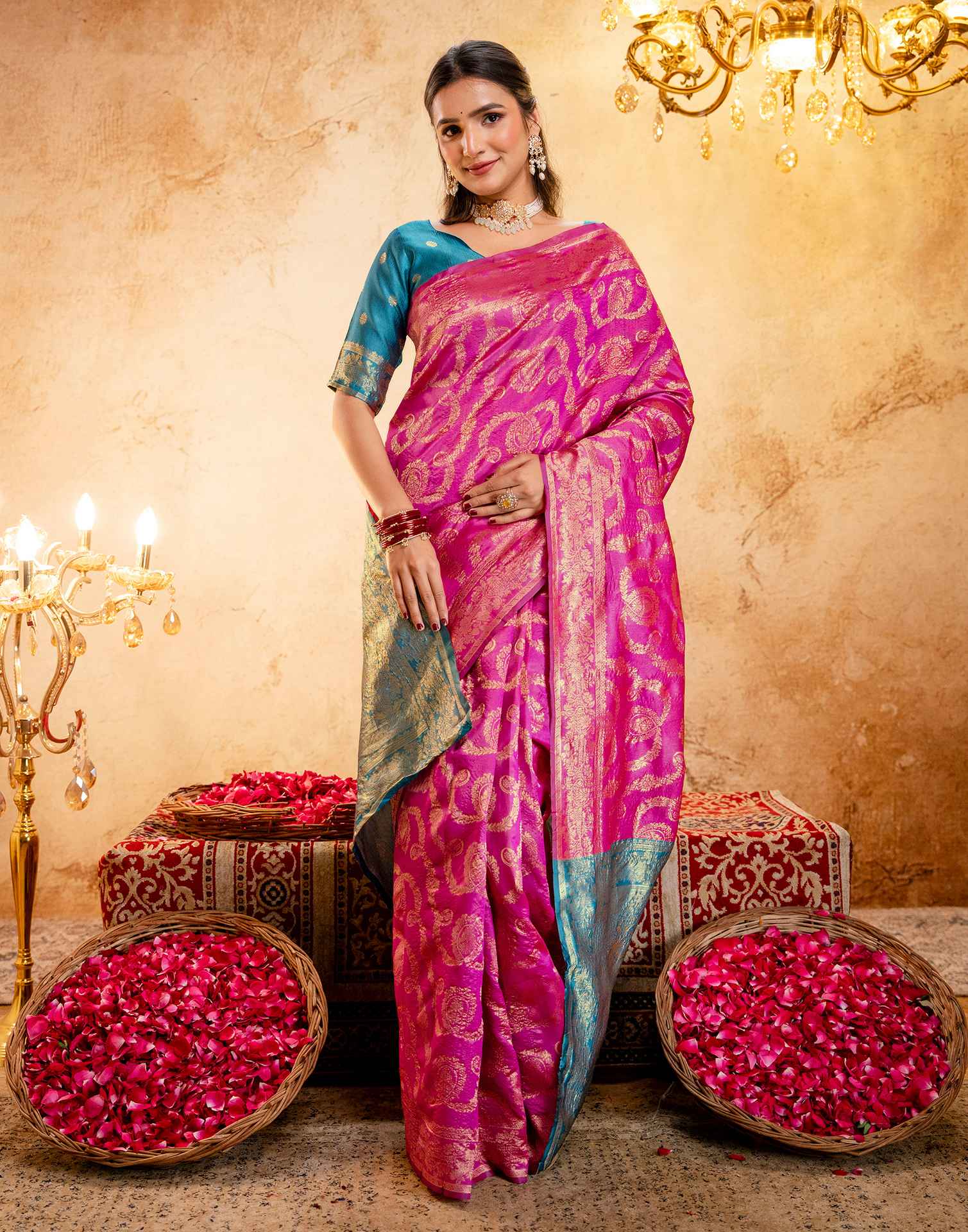 Pink Silk Woven Banarasi Saree
