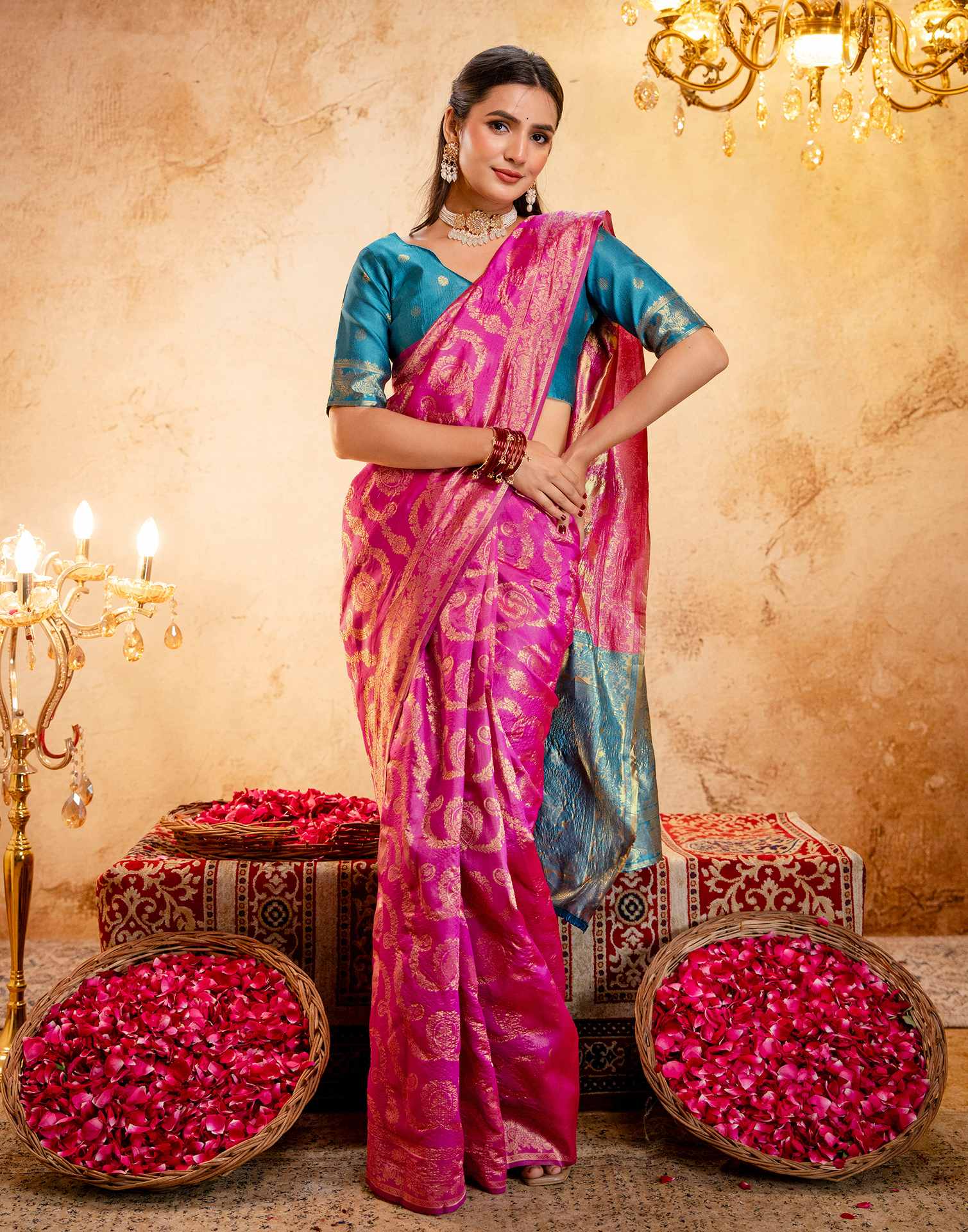 Pink Silk Woven Banarasi Saree