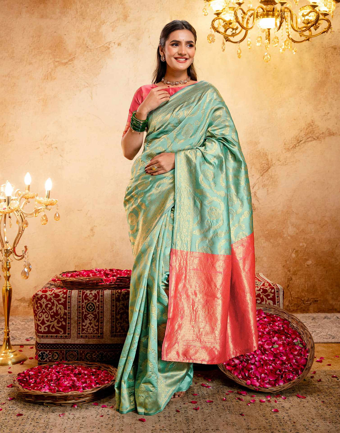 Dusty Mint Blue Silk Woven Banarasi Saree
