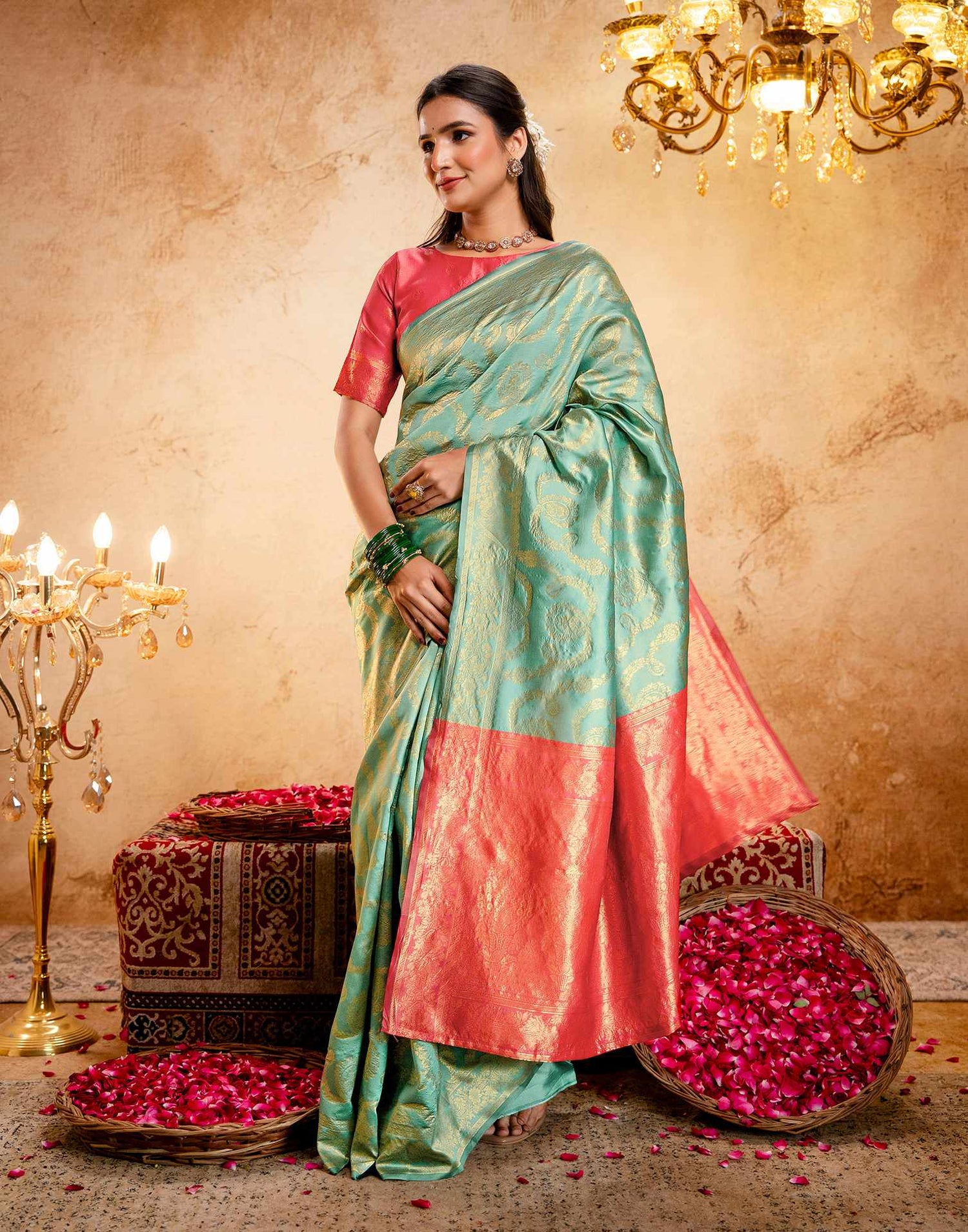 Dusty Mint Blue Silk Woven Banarasi Saree