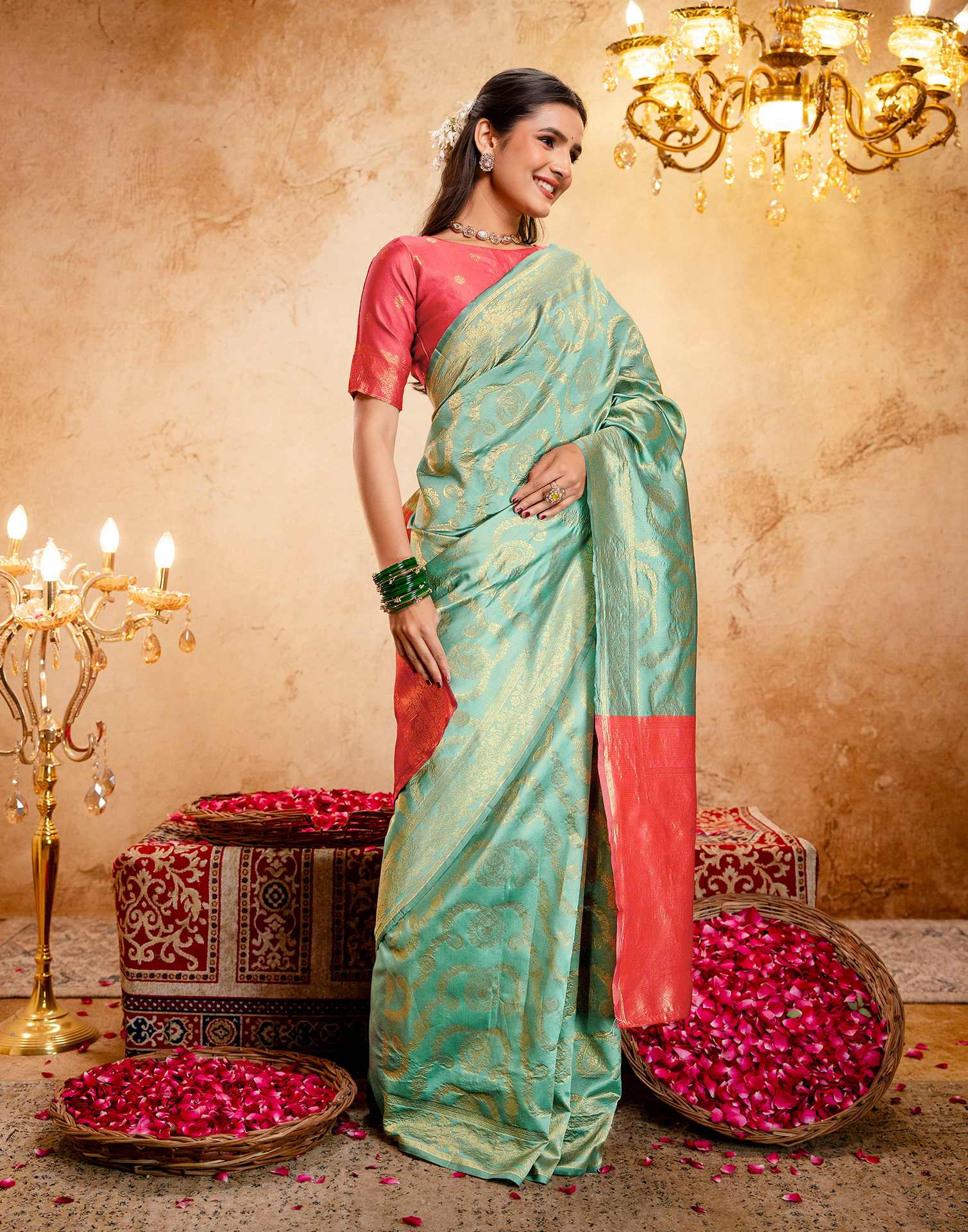 Dusty Mint Blue Silk Woven Banarasi Saree