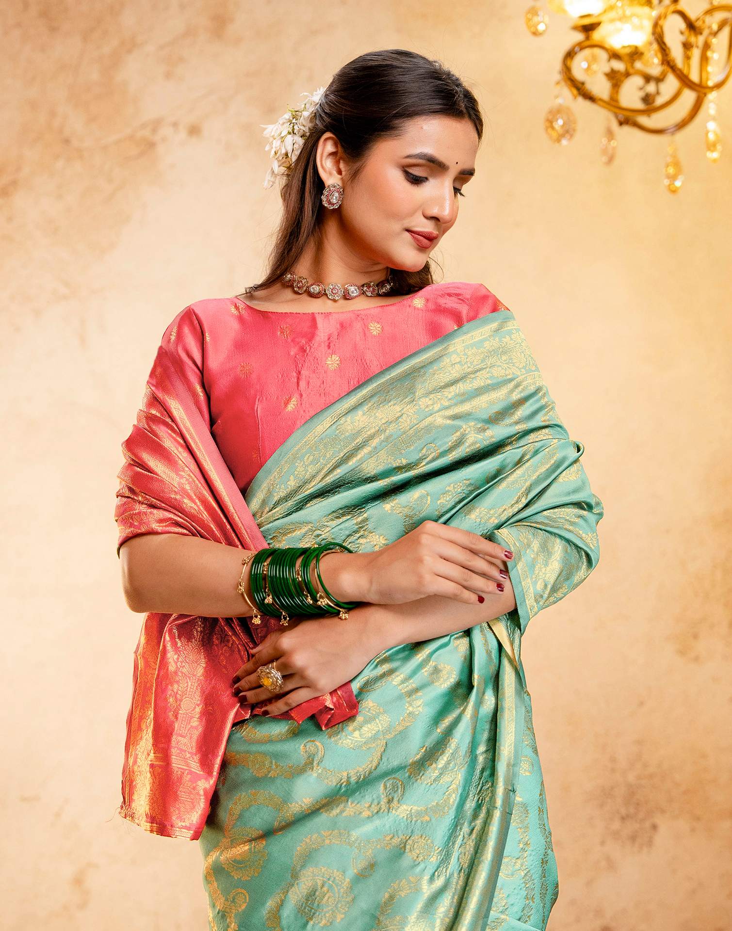 Dusty Mint Blue Silk Woven Banarasi Saree