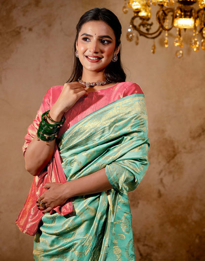 Dusty Mint Blue Silk Woven Banarasi Saree