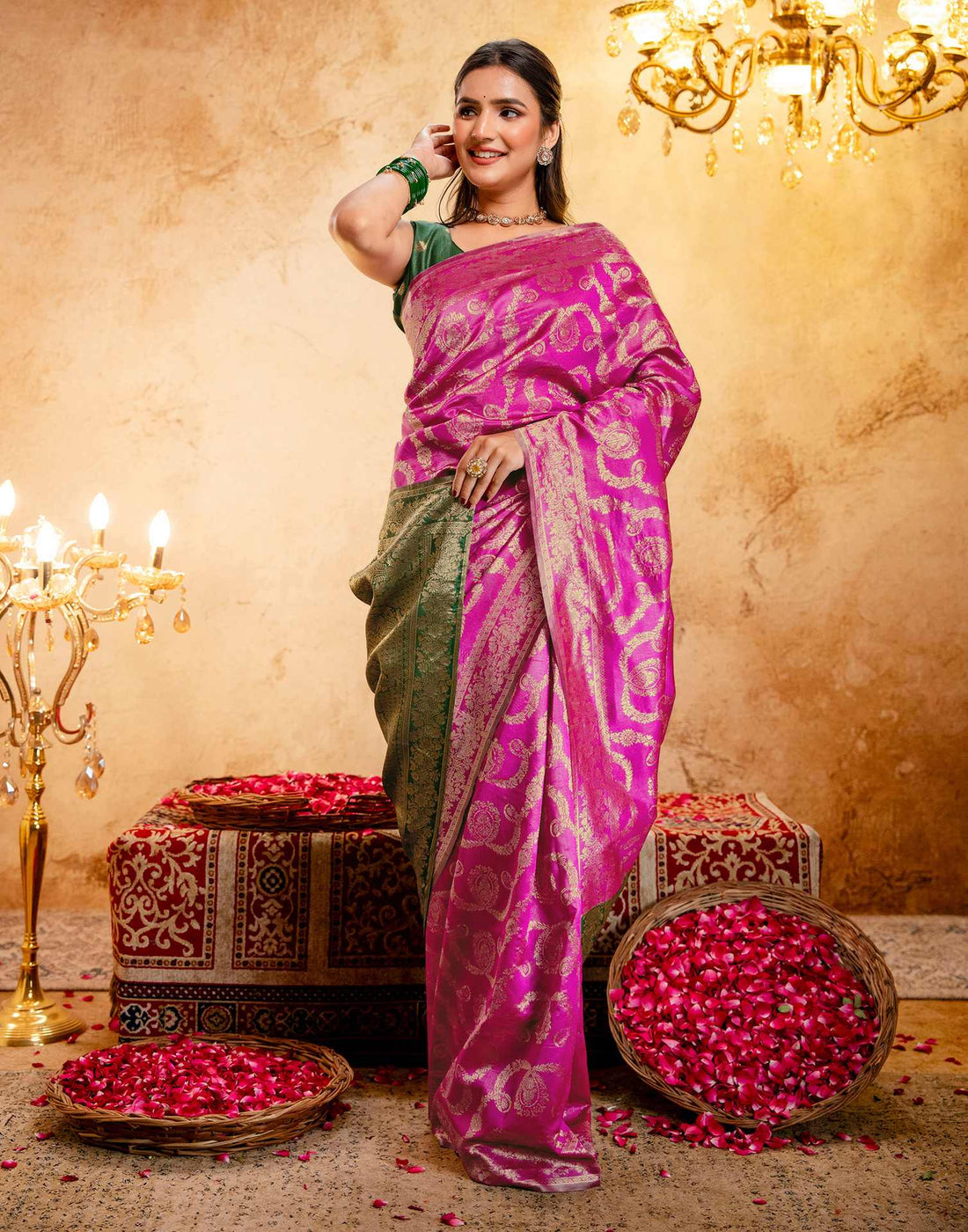 Bright Pink Silk Woven Banarasi Saree