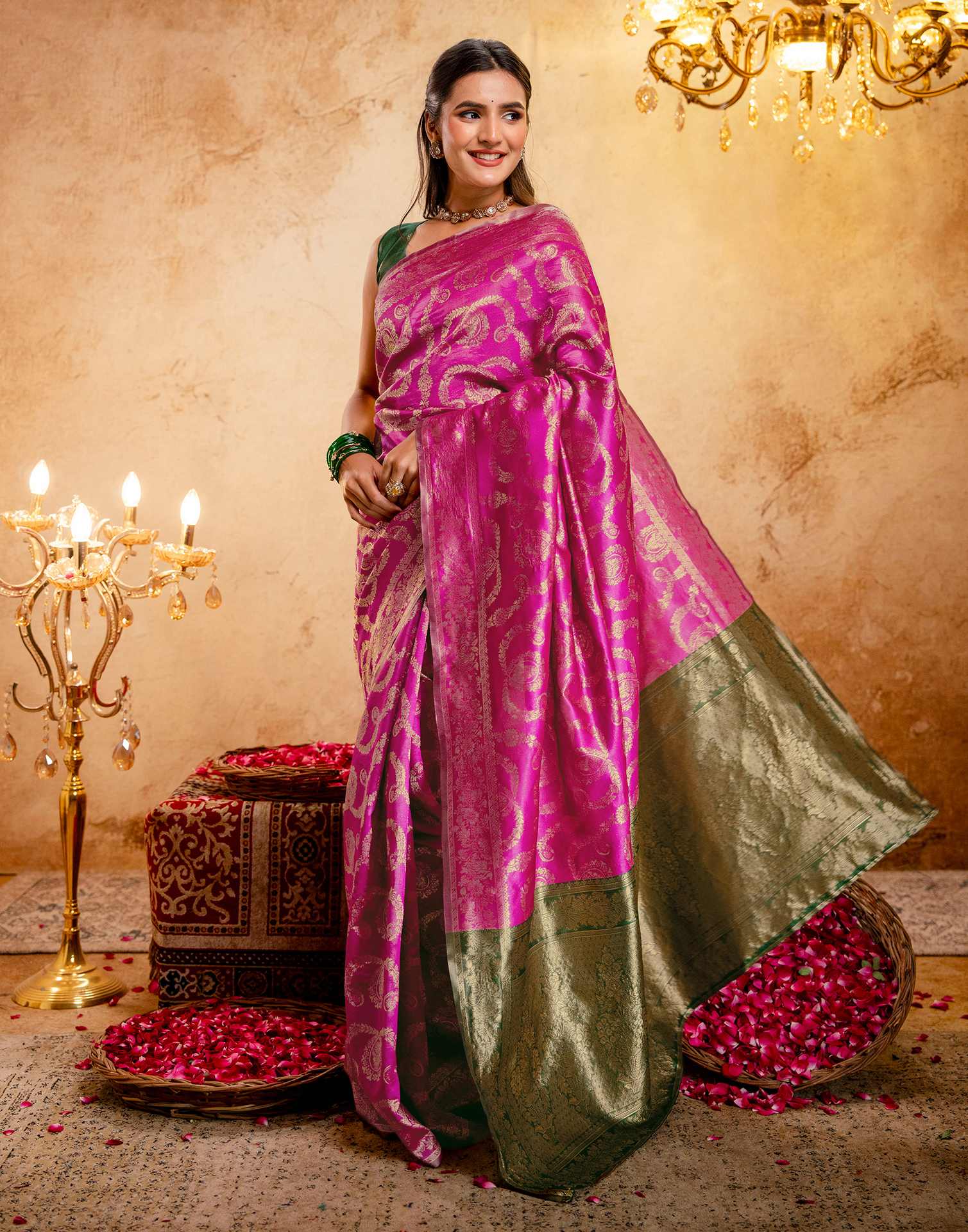 Bright Pink Silk Woven Banarasi Saree