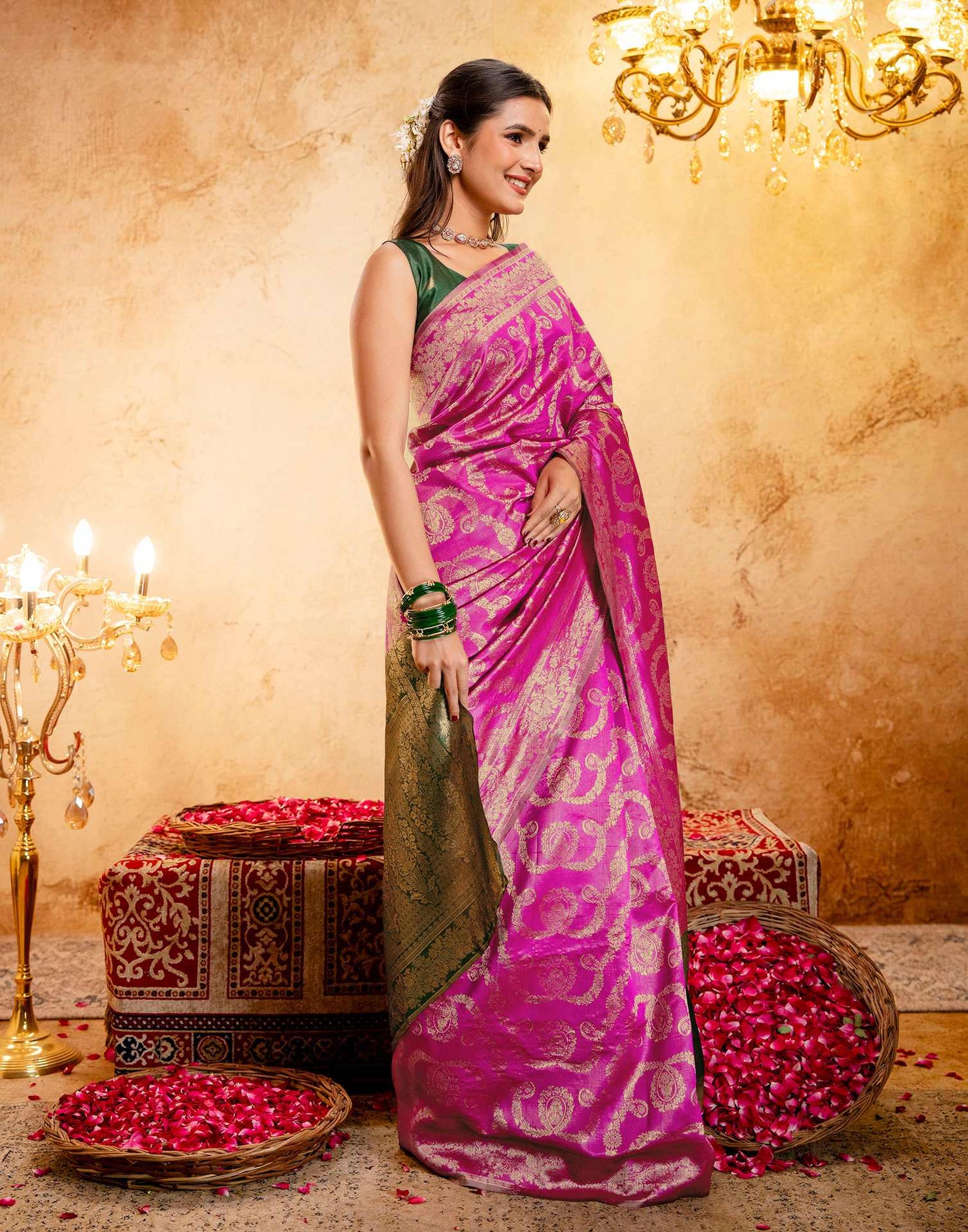 Bright Pink Silk Woven Banarasi Saree