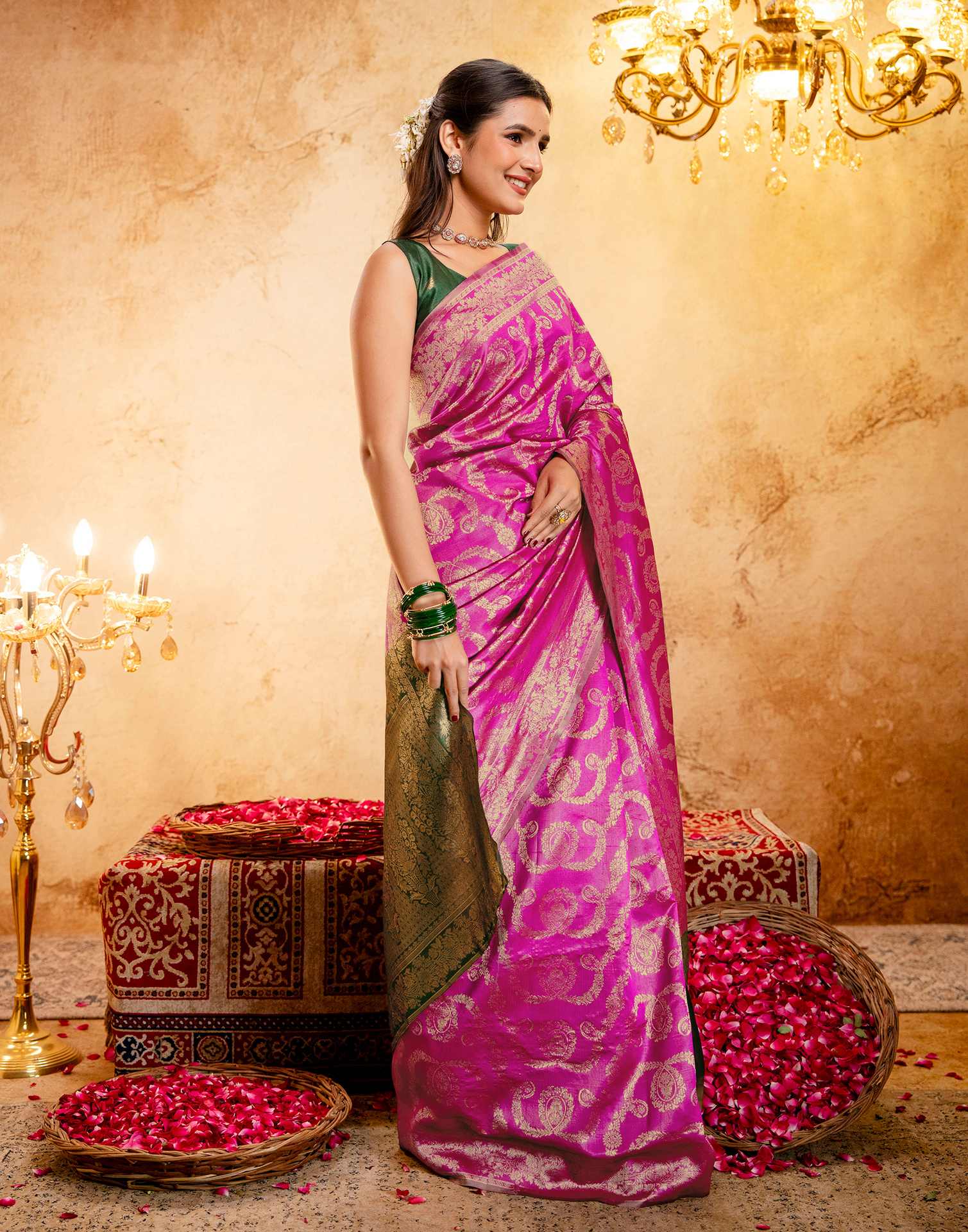 Bright Pink Silk Woven Banarasi Saree
