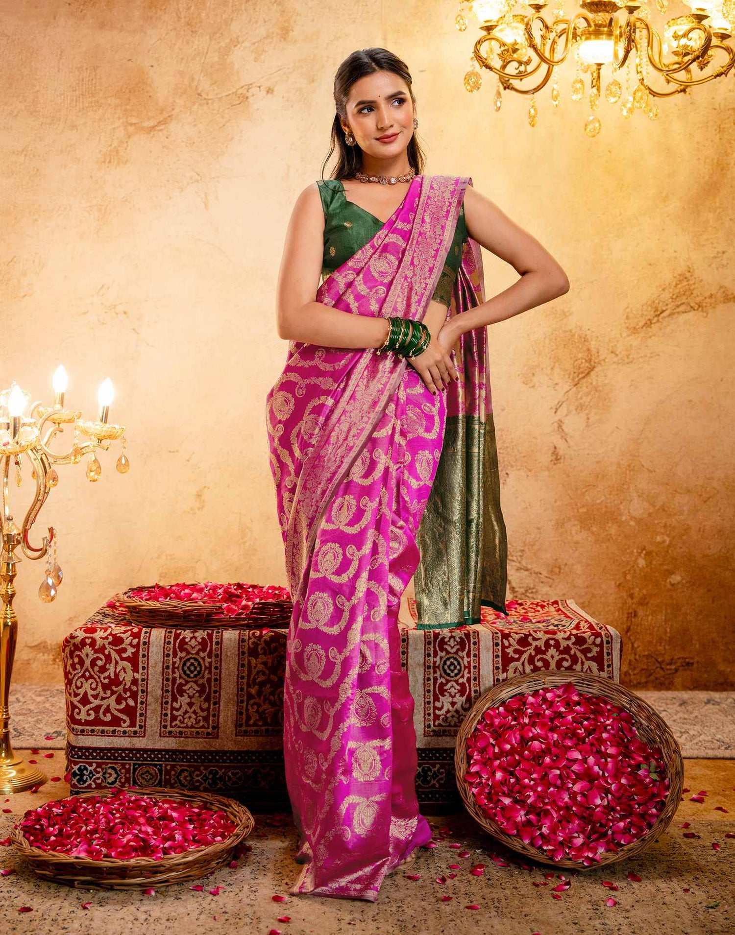 Bright Pink Silk Woven Banarasi Saree
