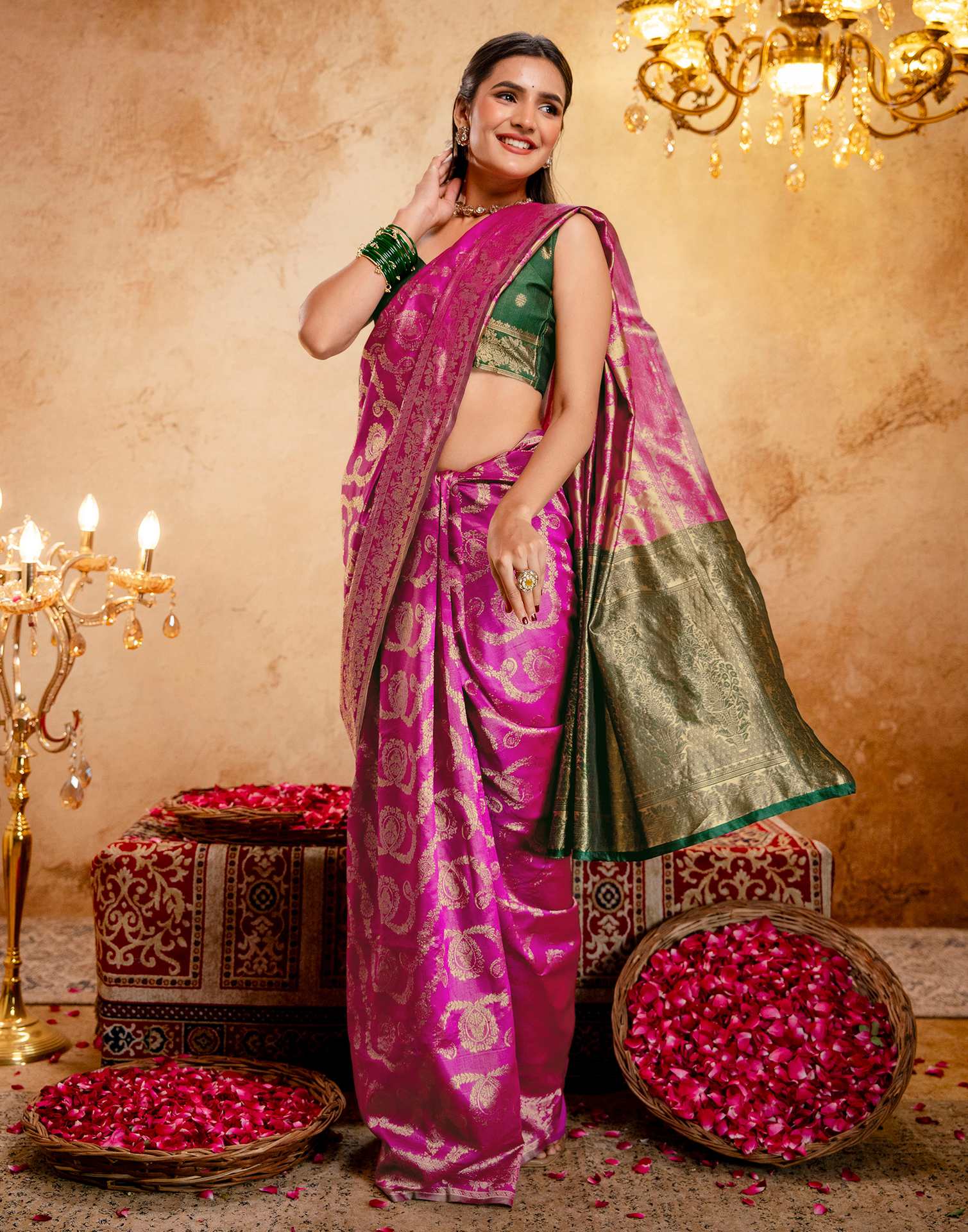Bright Pink Silk Woven Banarasi Saree
