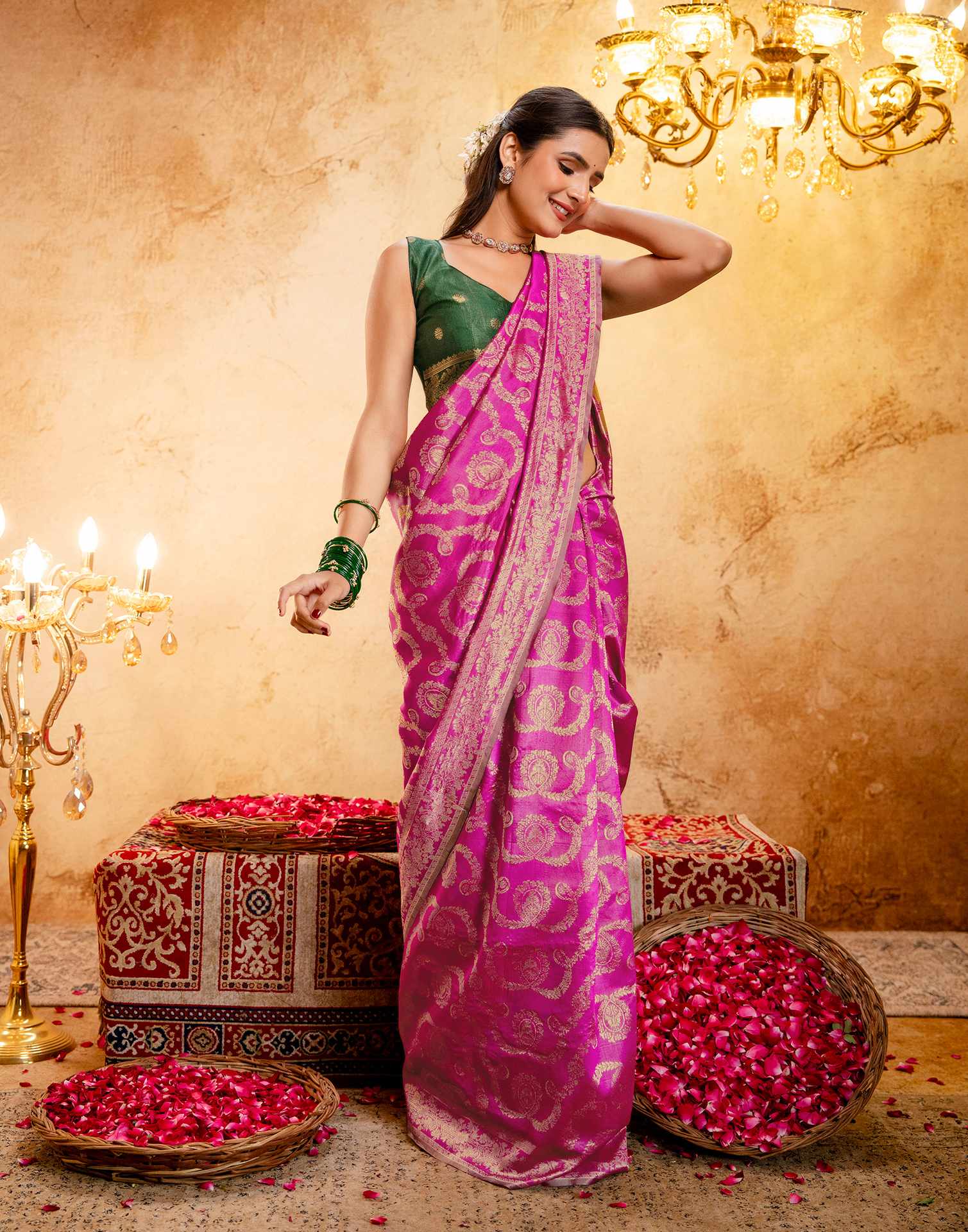 Bright Pink Silk Woven Banarasi Saree