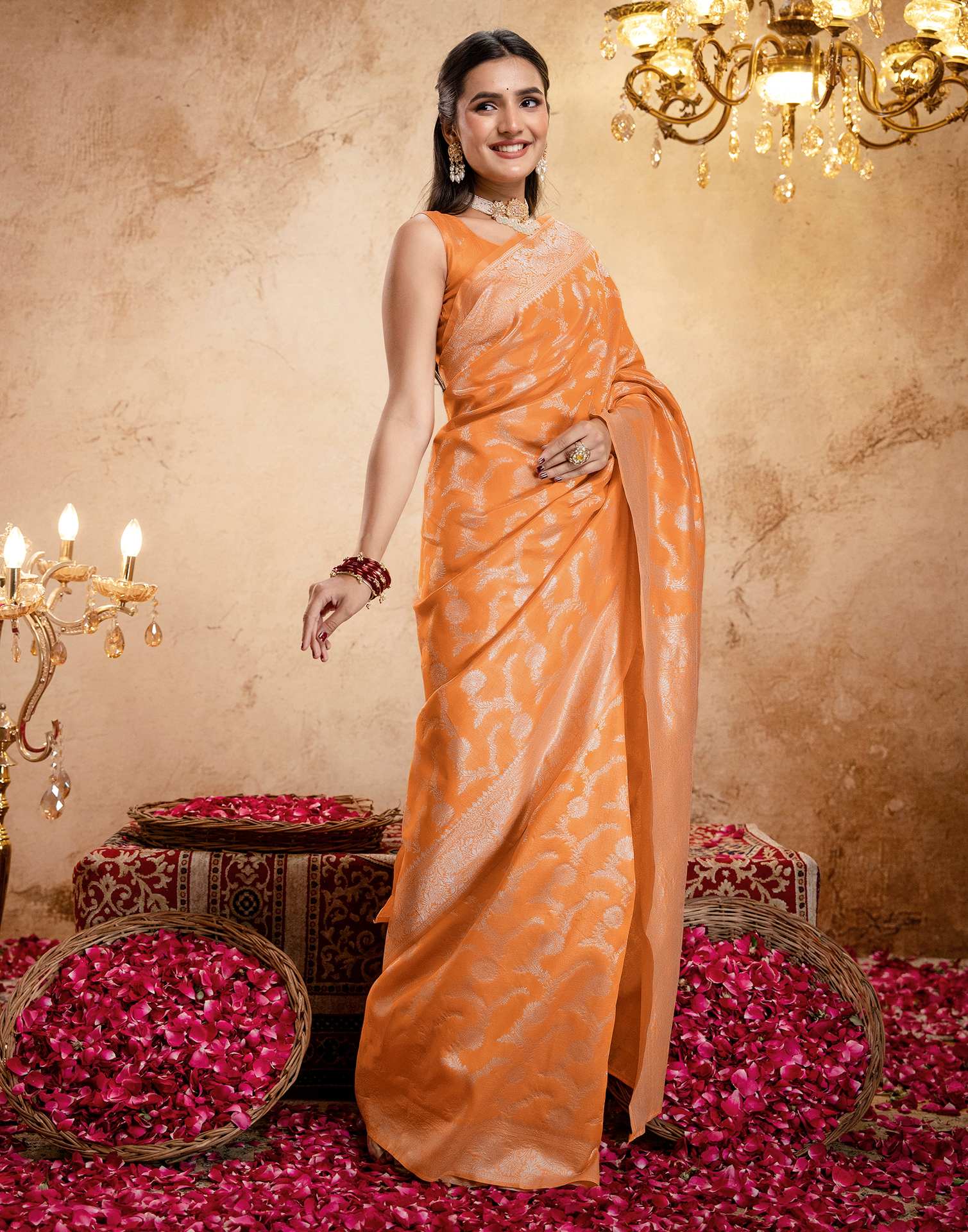Orange Silk Woven Banarasi Saree