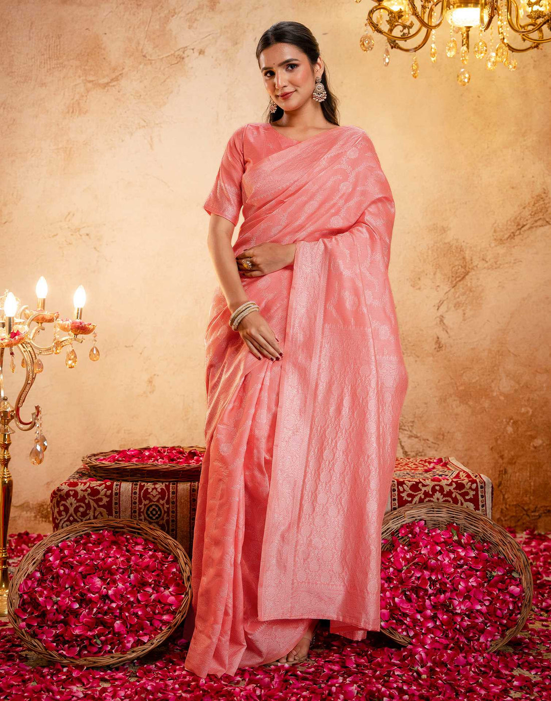 Coral Pink Silk Woven Banarasi Saree