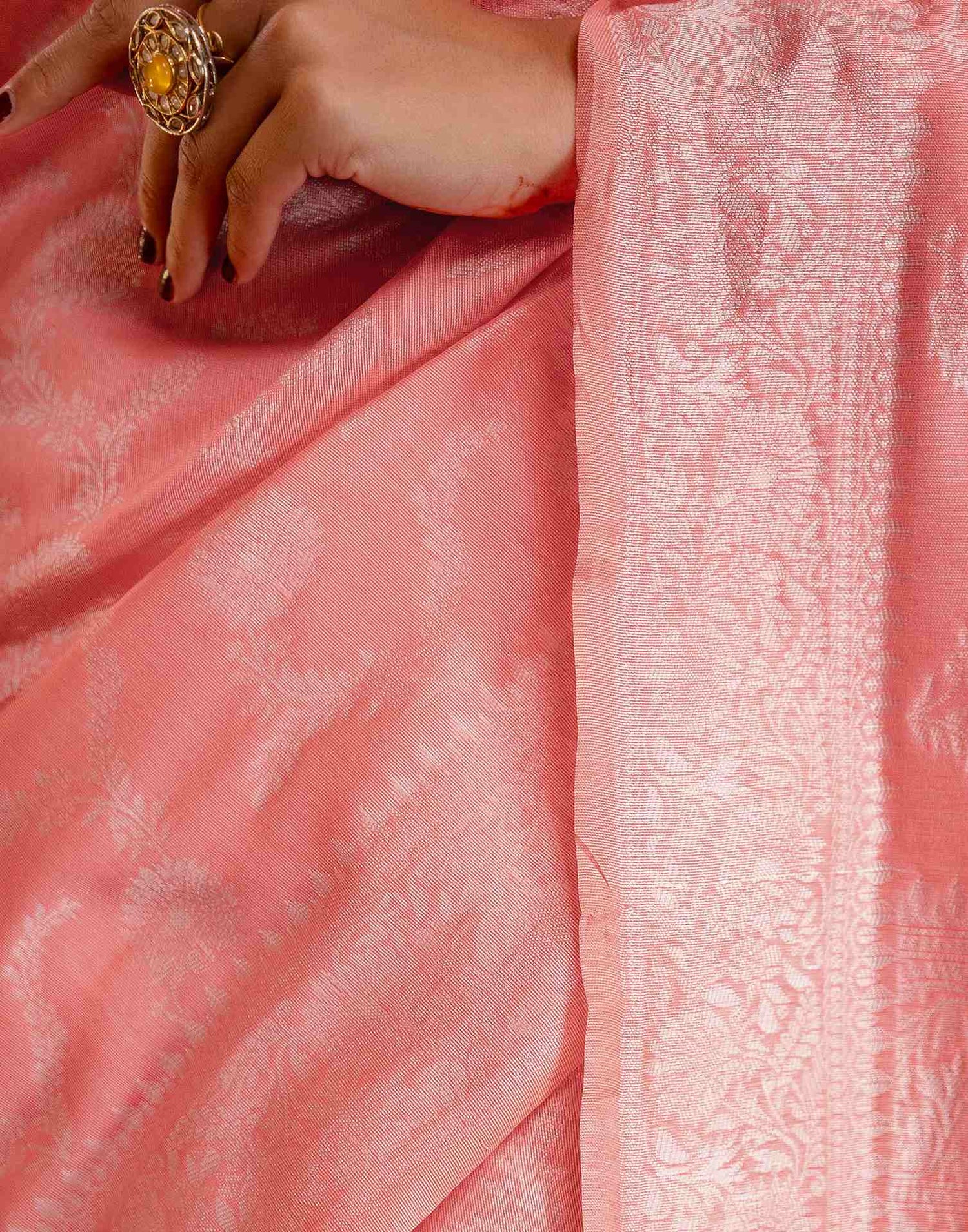 Coral Pink Silk Woven Banarasi Saree