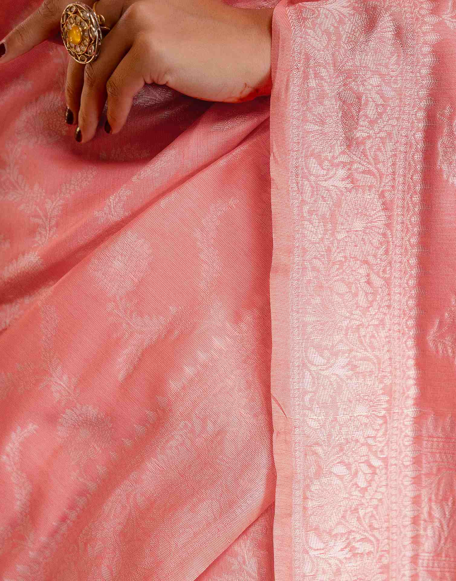 Coral Pink Silk Woven Banarasi Saree