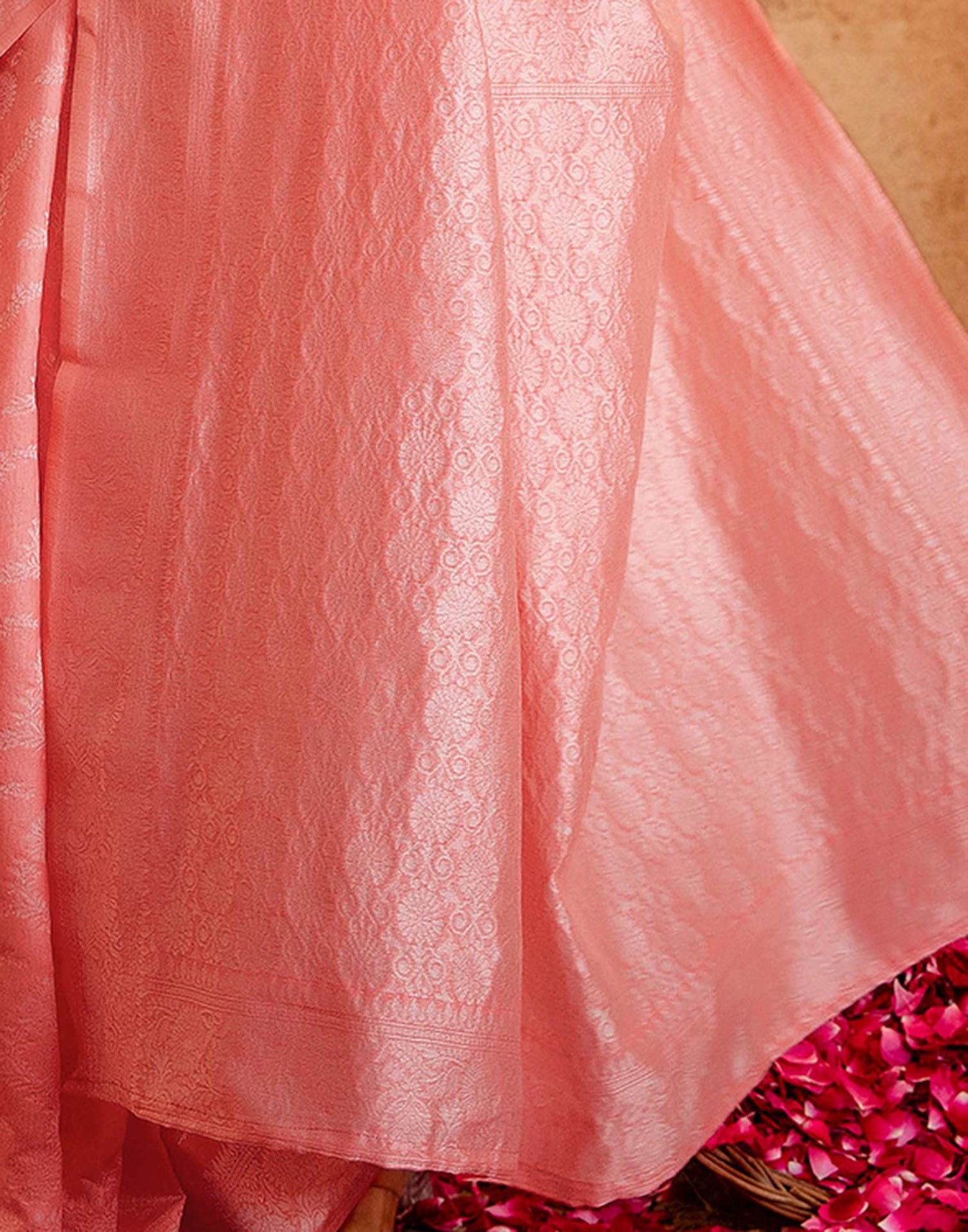 Coral Pink Silk Woven Banarasi Saree