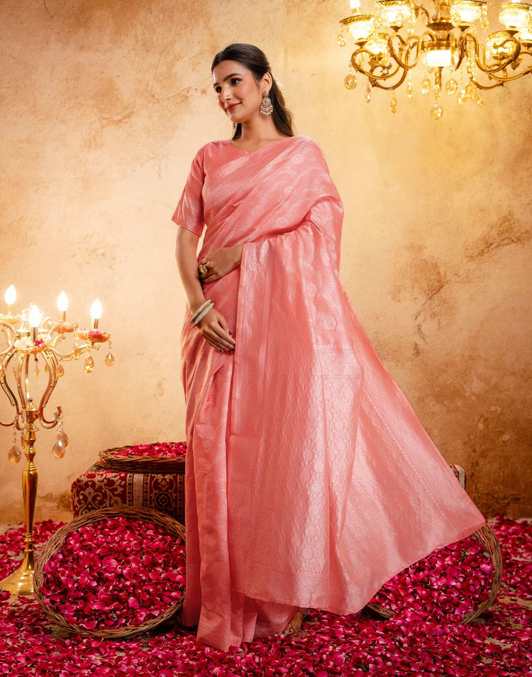 Coral Pink Silk Woven Banarasi Saree