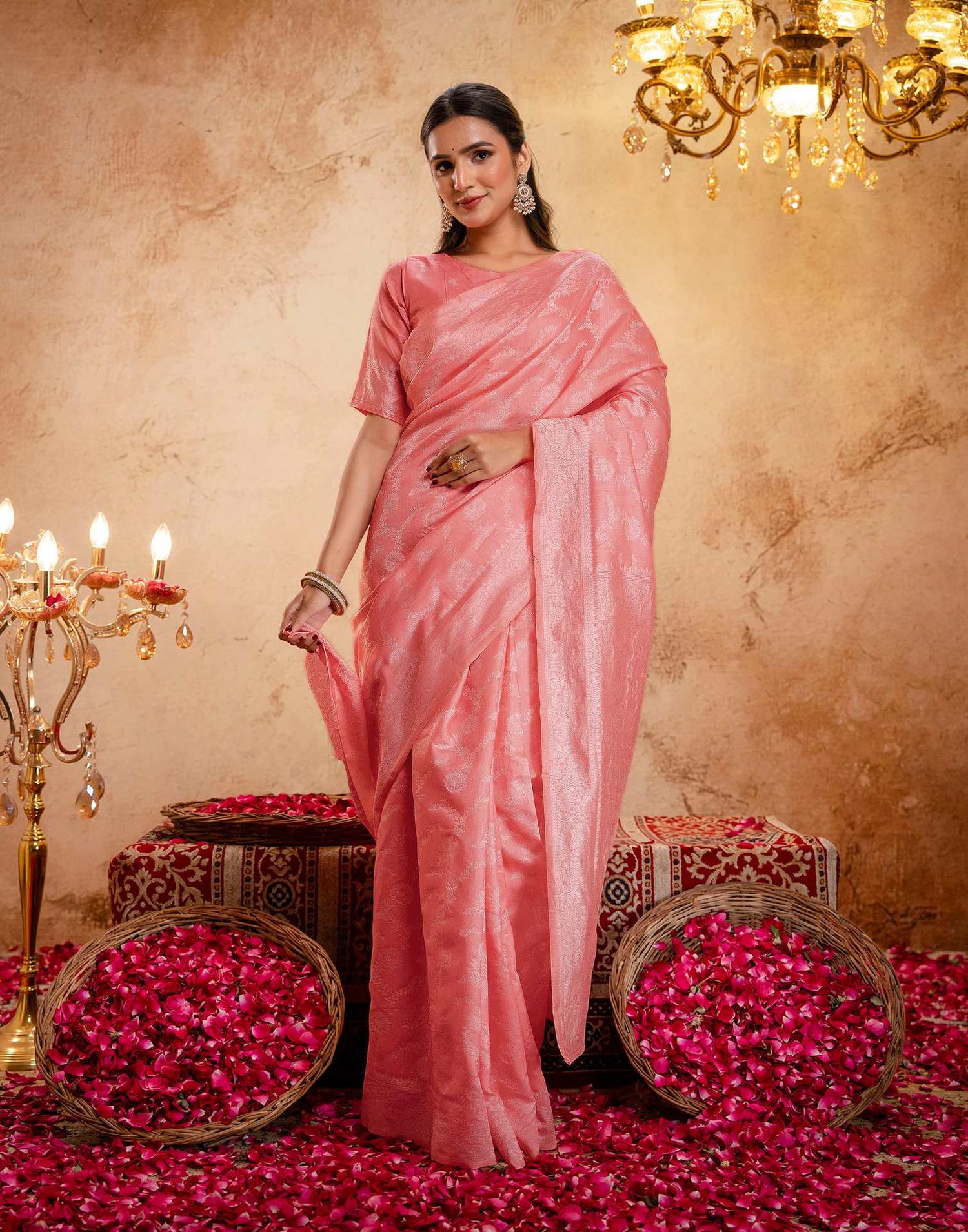 Coral Pink Silk Woven Banarasi Saree