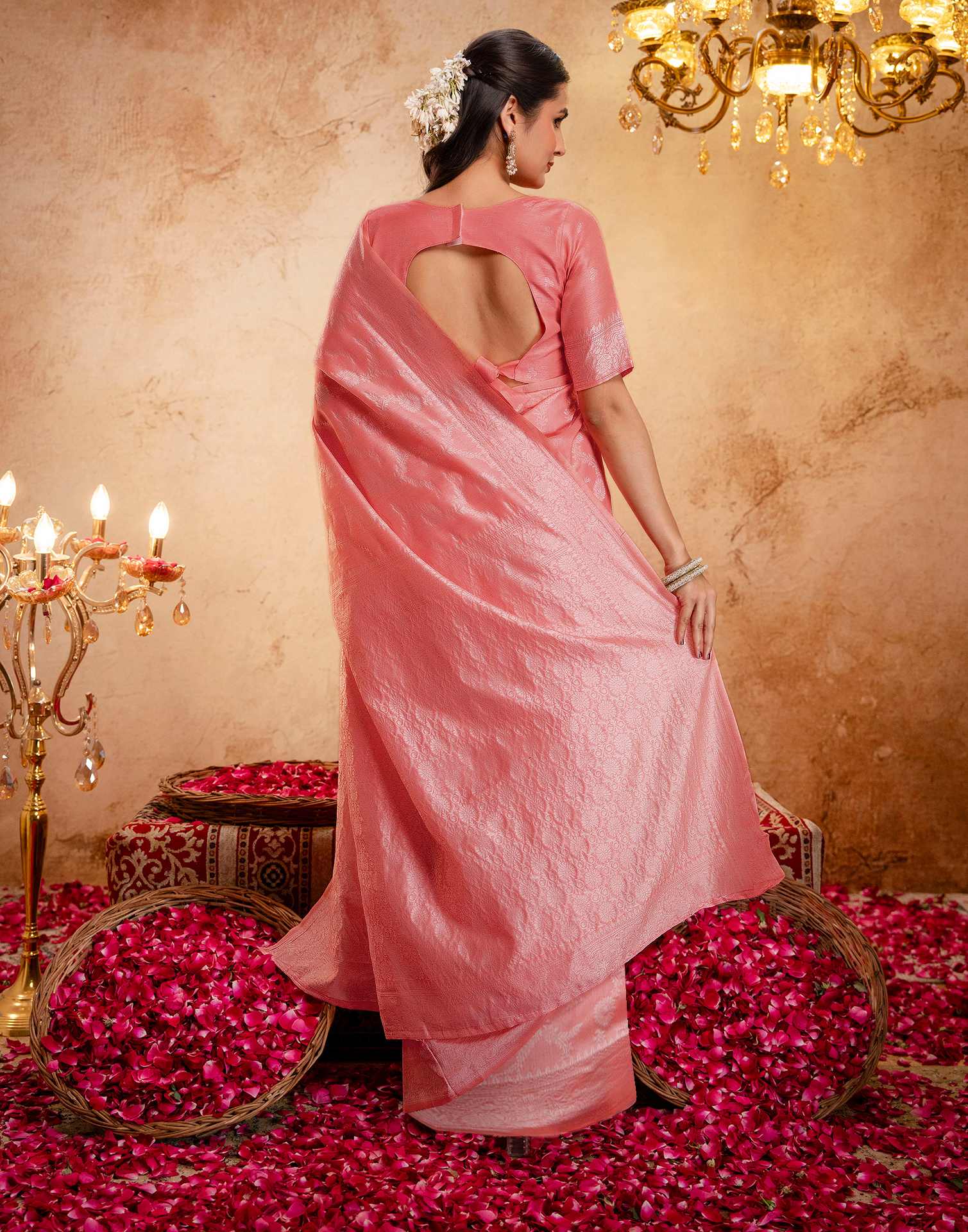 Coral Pink Silk Woven Banarasi Saree