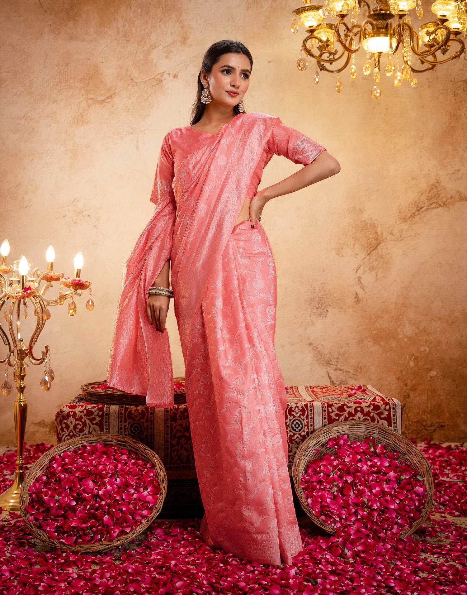 Coral Pink Silk Woven Banarasi Saree