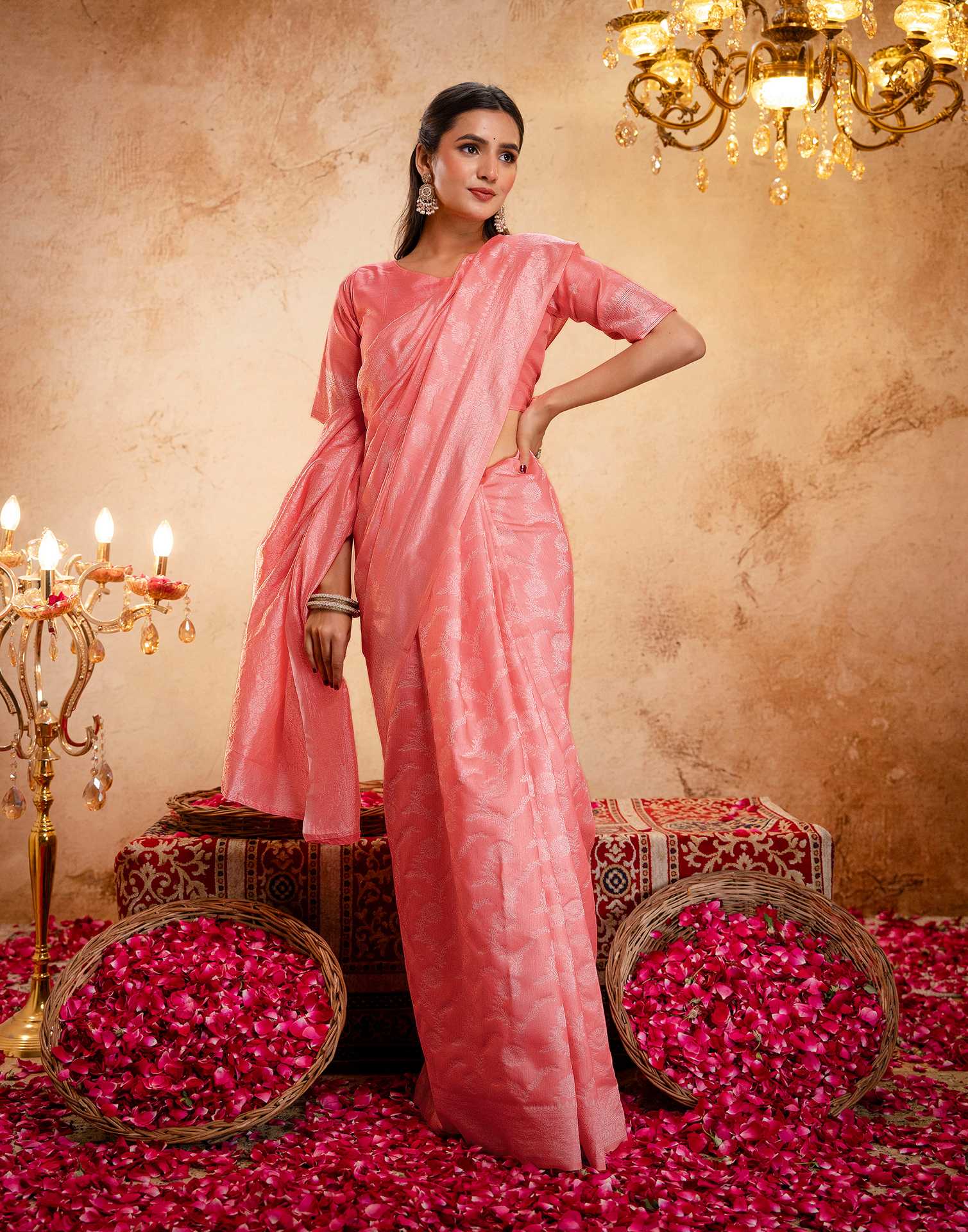 Coral Pink Silk Woven Banarasi Saree