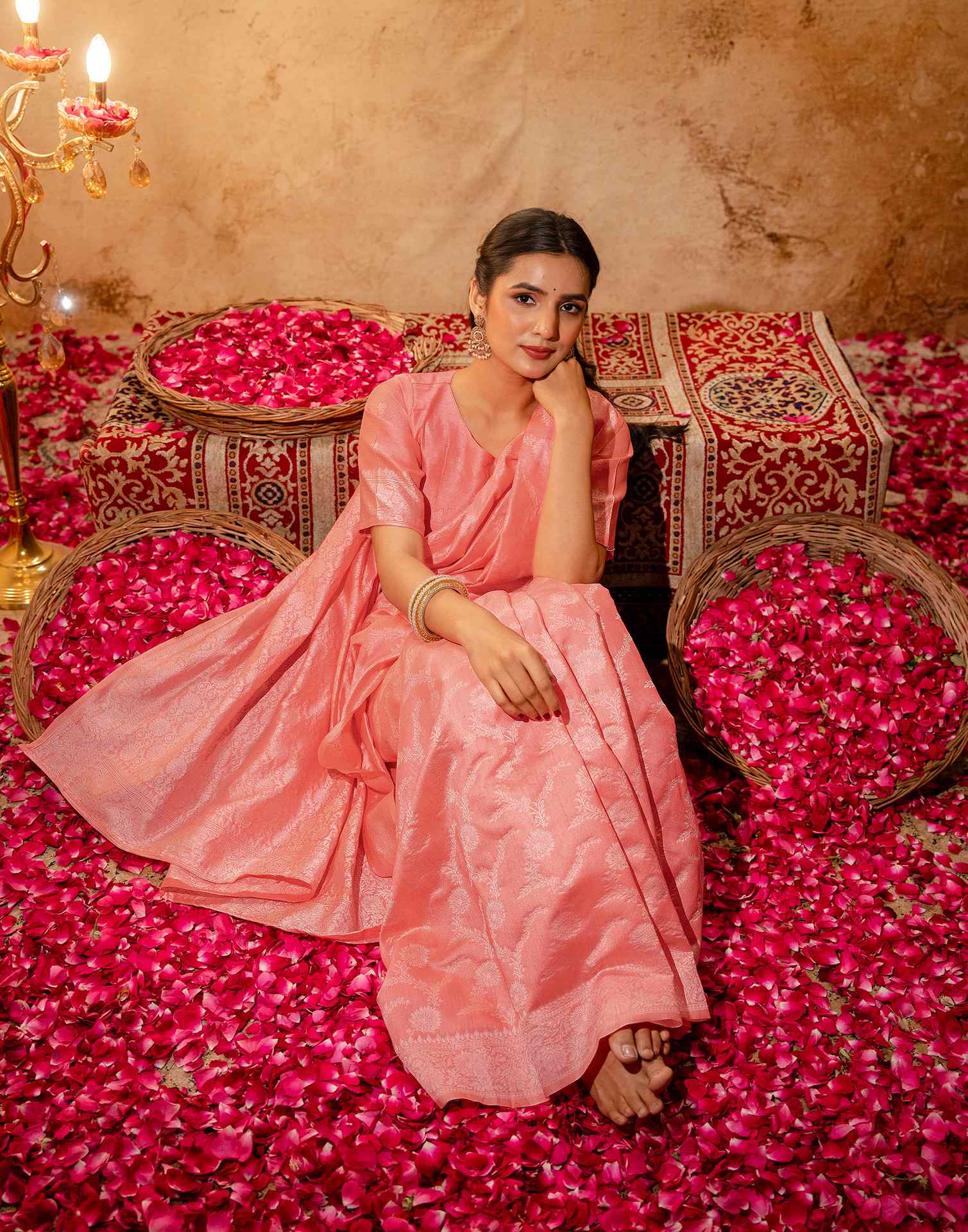 Coral Pink Silk Woven Banarasi Saree