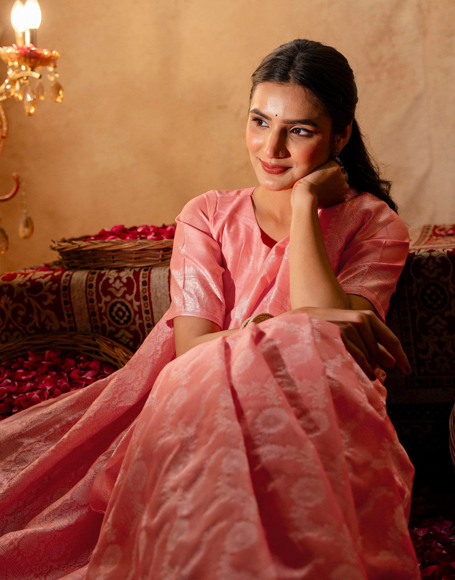 Coral Pink Silk Woven Banarasi Saree