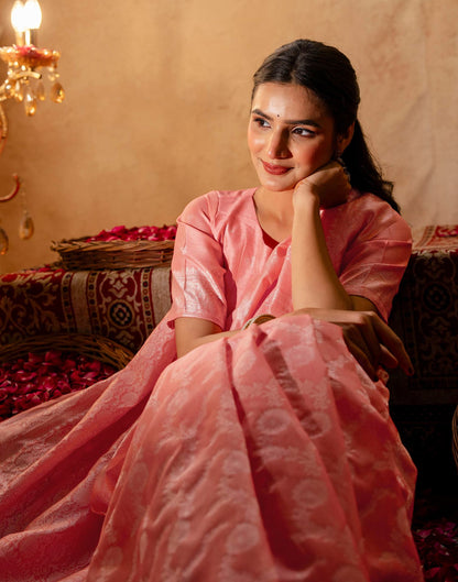 Coral Pink Silk Woven Banarasi Saree