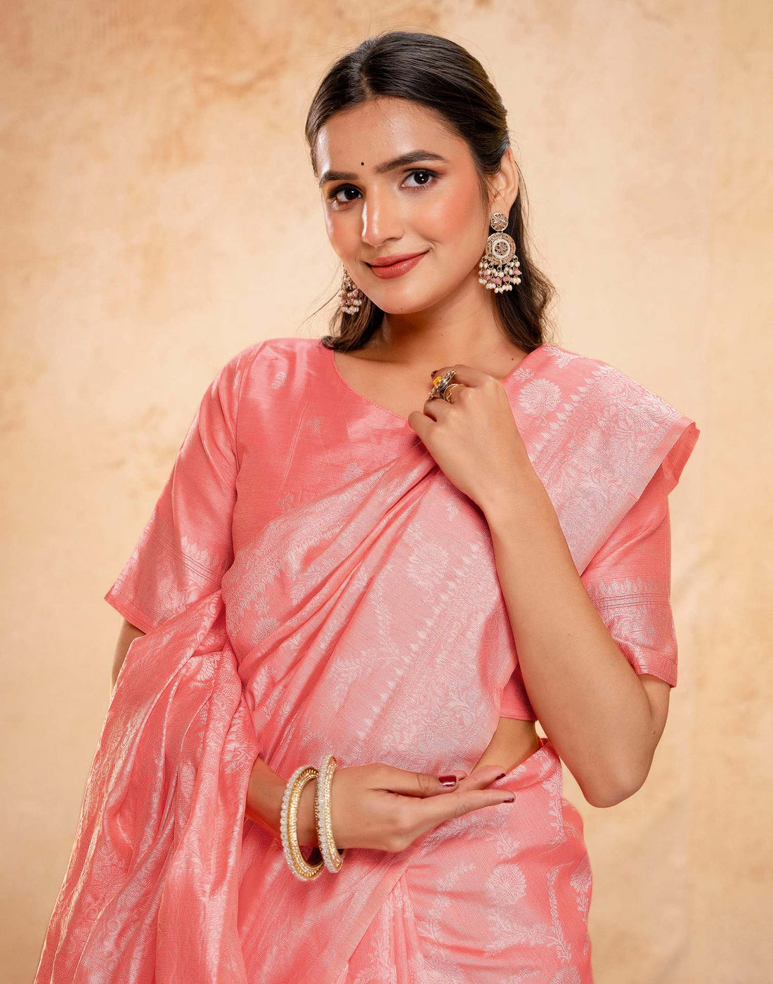 Coral Pink Silk Woven Banarasi Saree