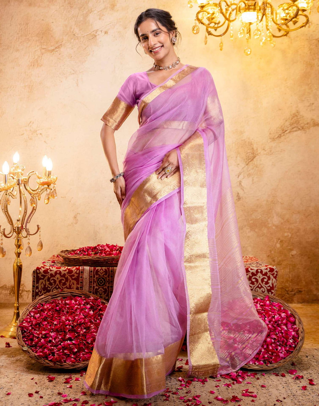 Lavender Organza Woven Border Saree