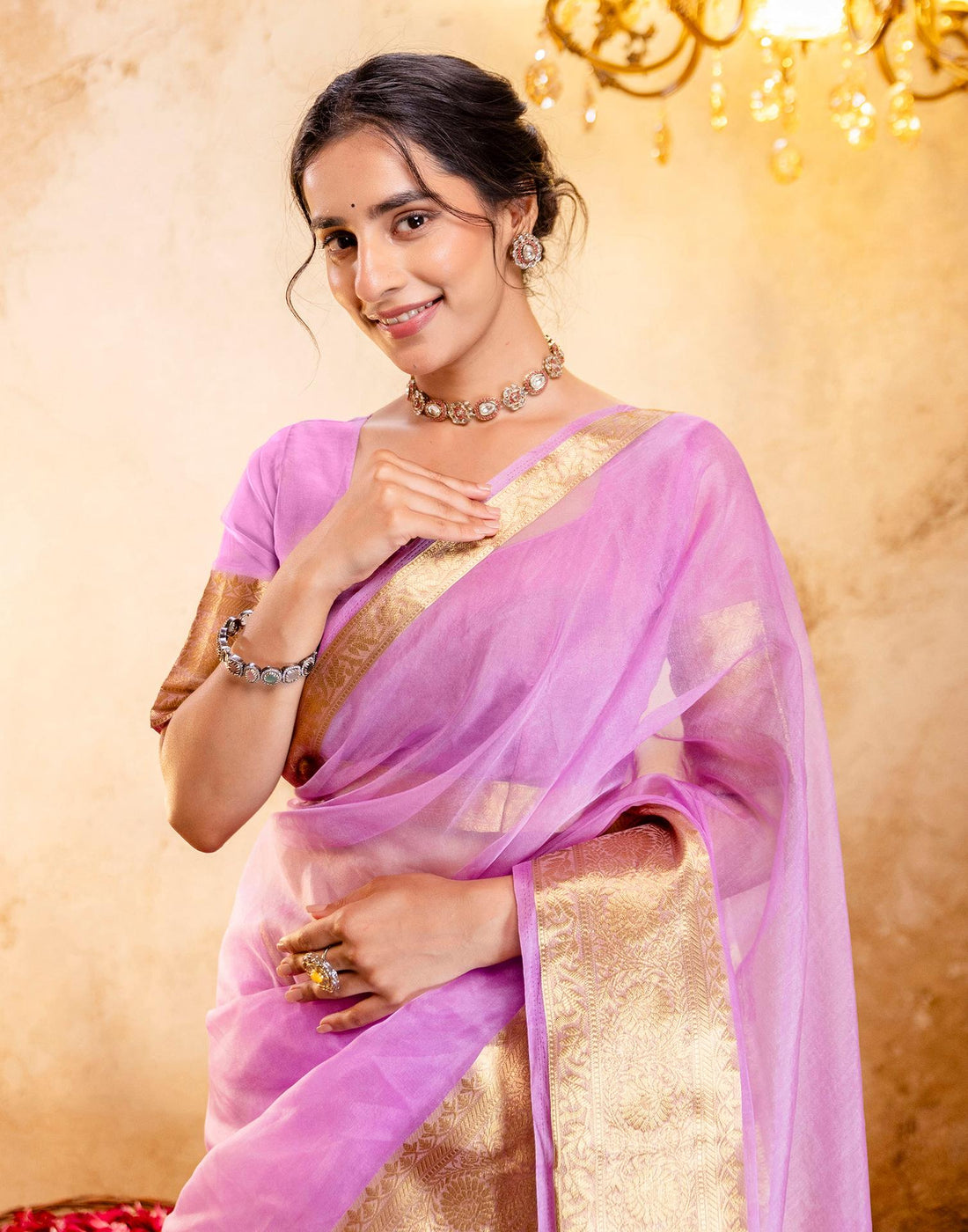 Lavender Organza Woven Border Saree