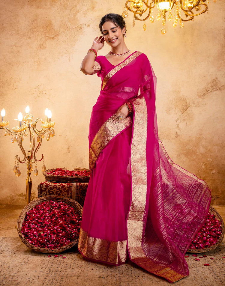 Rani Pink Organza Woven Border Saree