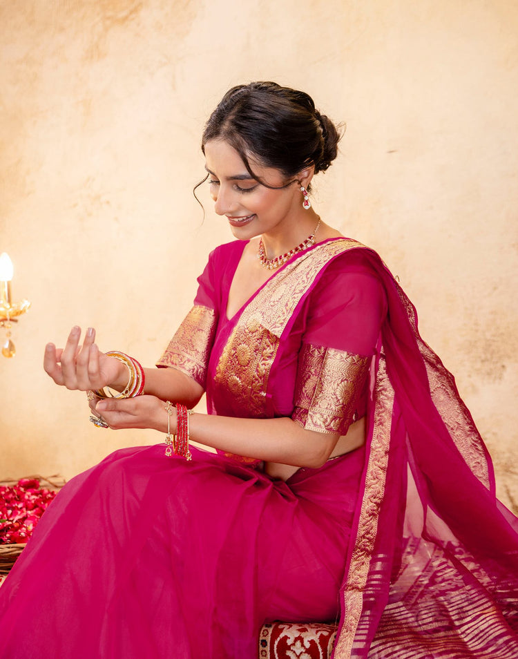 Rani Pink Organza Woven Border Saree