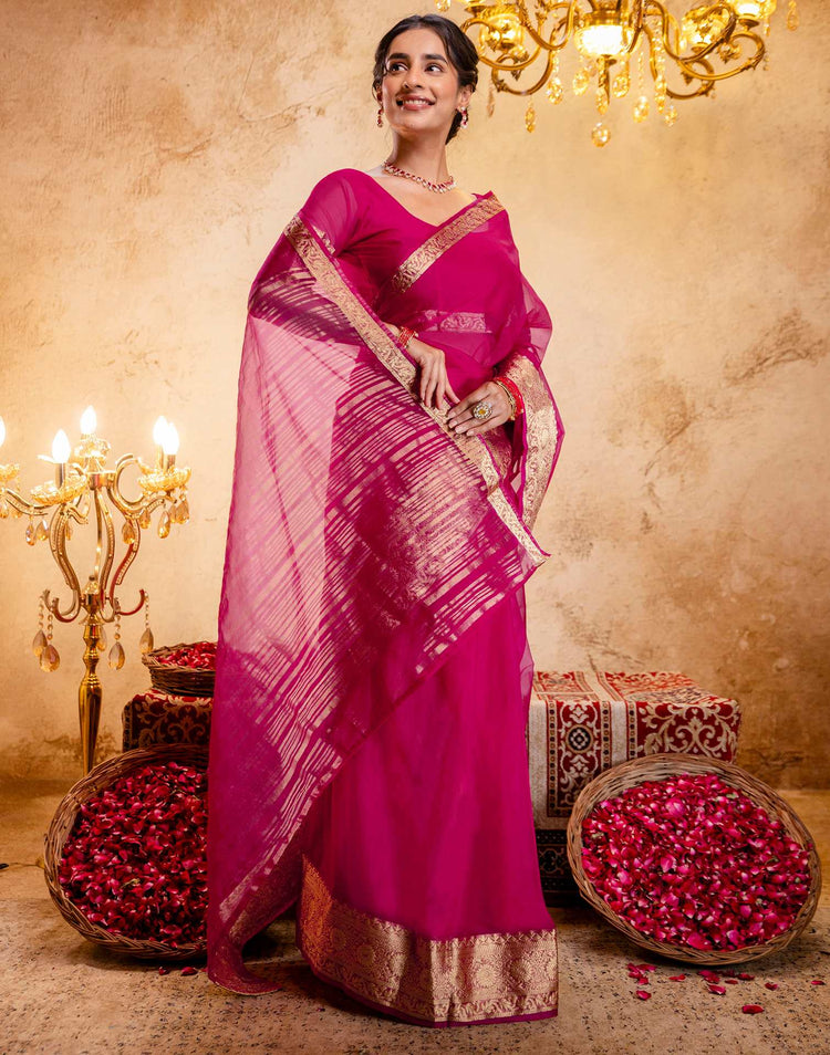 Rani Pink Organza Woven Border Saree