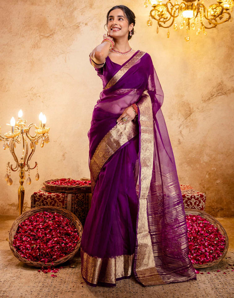 Dark Purple Organza Woven Border Saree