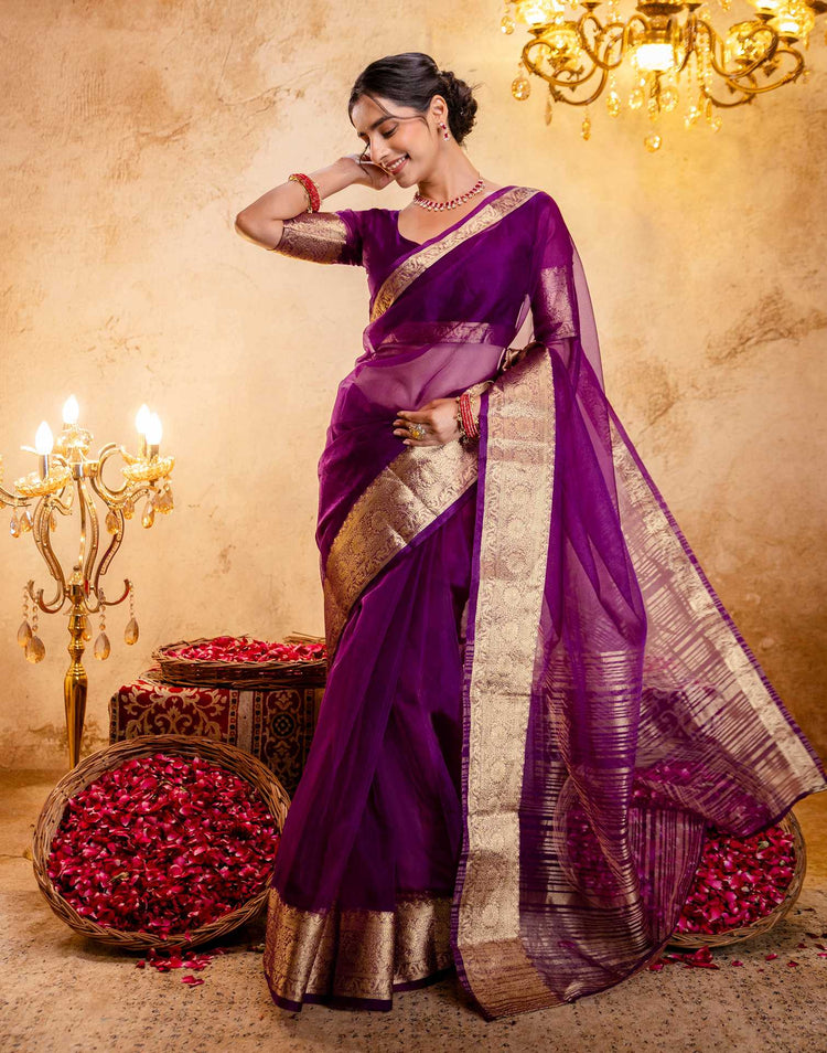 Dark Purple Organza Woven Border Saree