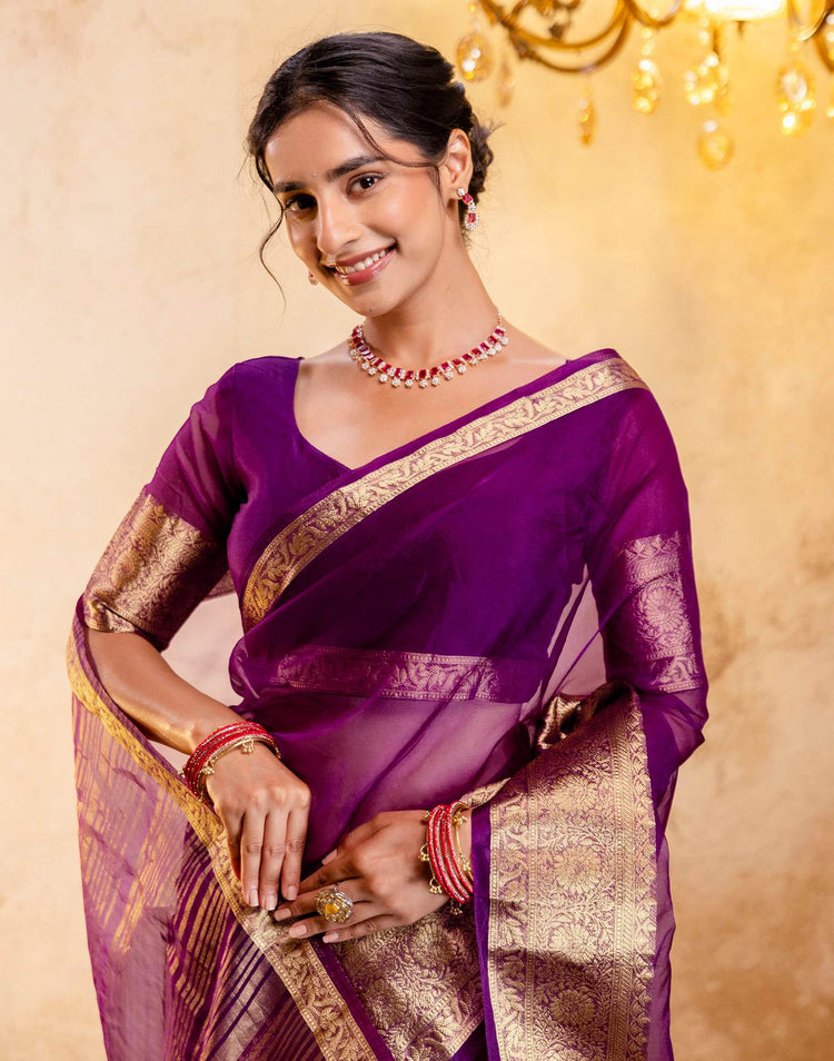 Dark Purple Organza Woven Border Saree