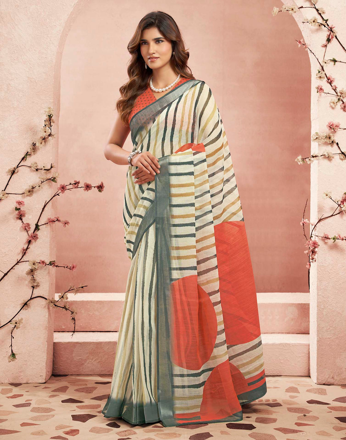 Ready To Wear Beige Linen Printed Saree