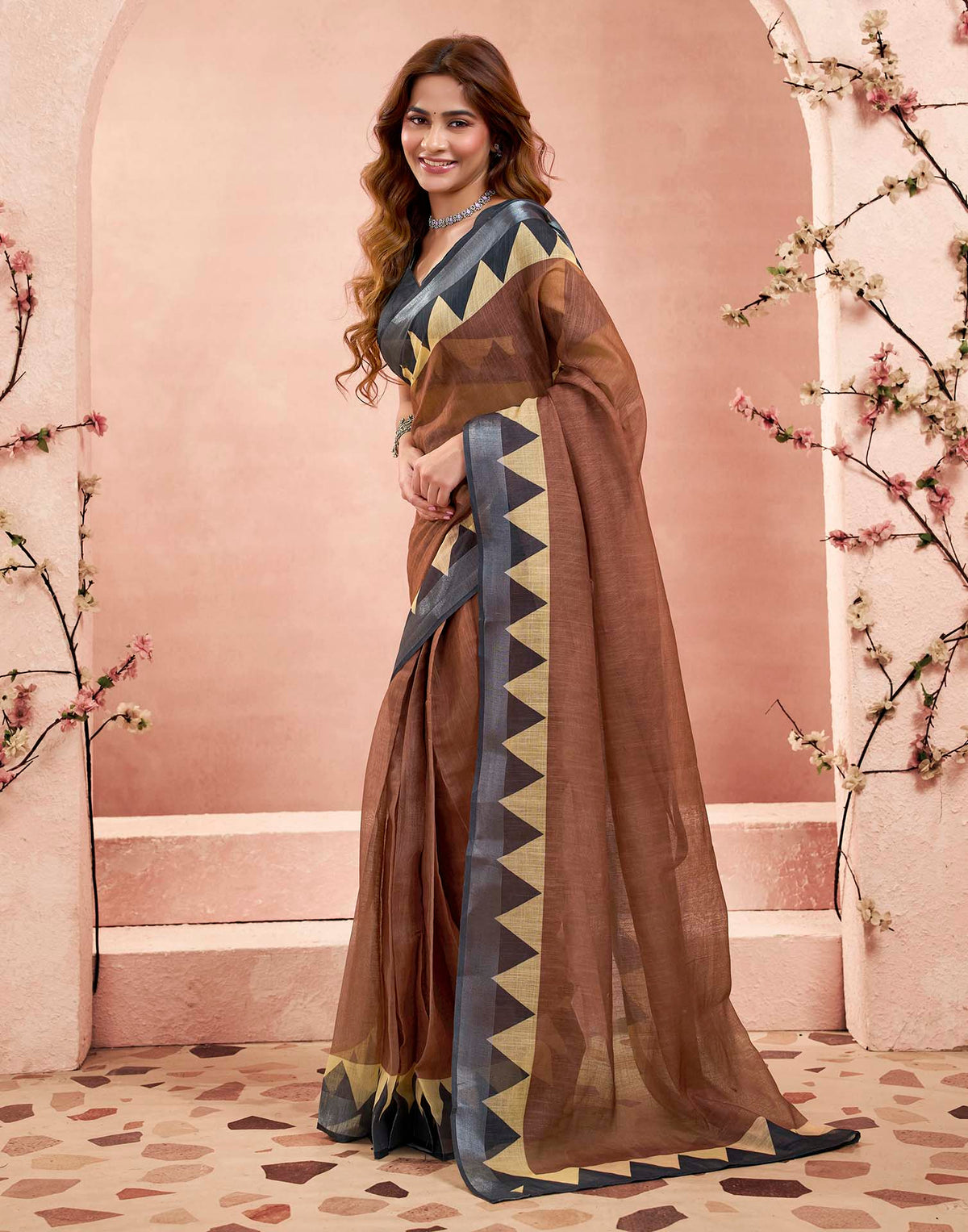 Ready To Wear Chocolate Brown Linen Printed Printed Saree